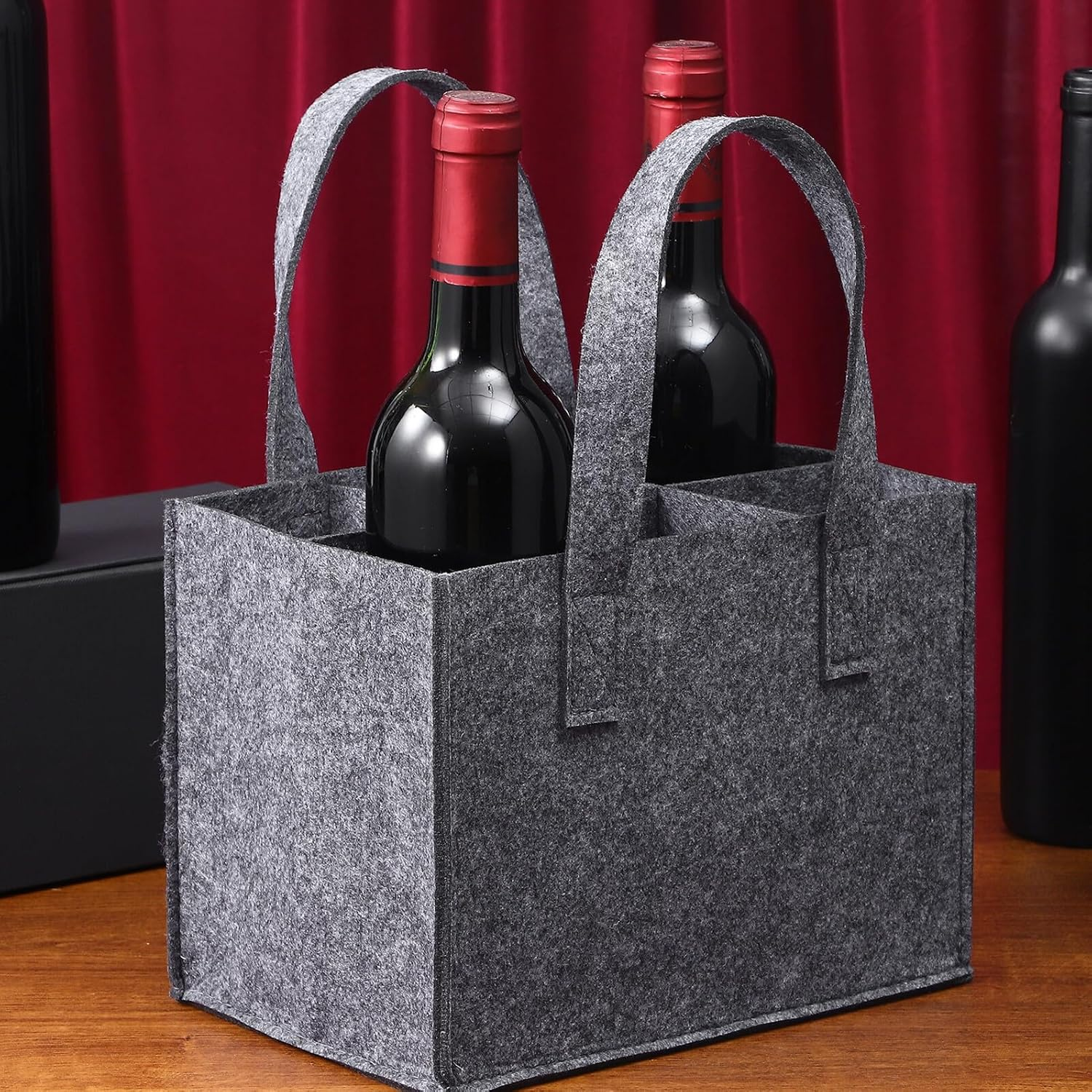 OSOLADY 4Pcs Thick Felt Wine Bottle Tote Bag Carrier with Sturdy Handle for Travel Camping Picnic Soft Felt Storage Handbag Medium Grey Wine Storage Bags image number 1