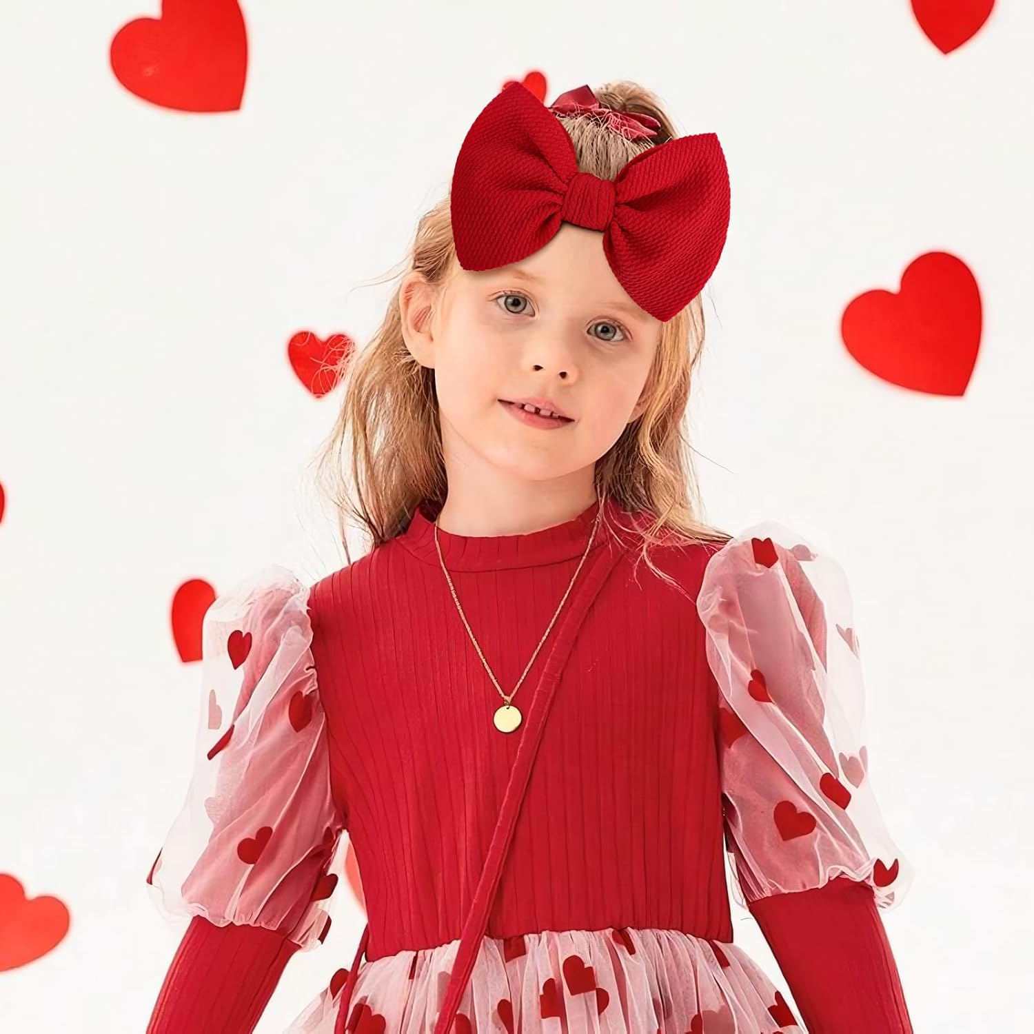 6'' Large Baby Bow Headbands for Girls Waffle Tied Bow Hairbands Handmade Ctue Red Love Heart Head Wraps Hair Accessories for Girls Infant Toddlers Kids 2Pcs - 0-Id-Red,Gradient image number 7