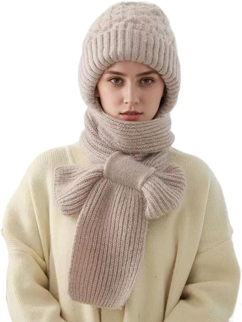 Women Winter Beanie Hats Scarf One-Piece Fleece Lined Warm Knit Ear Protection Integrated Hooded Scarf Cap