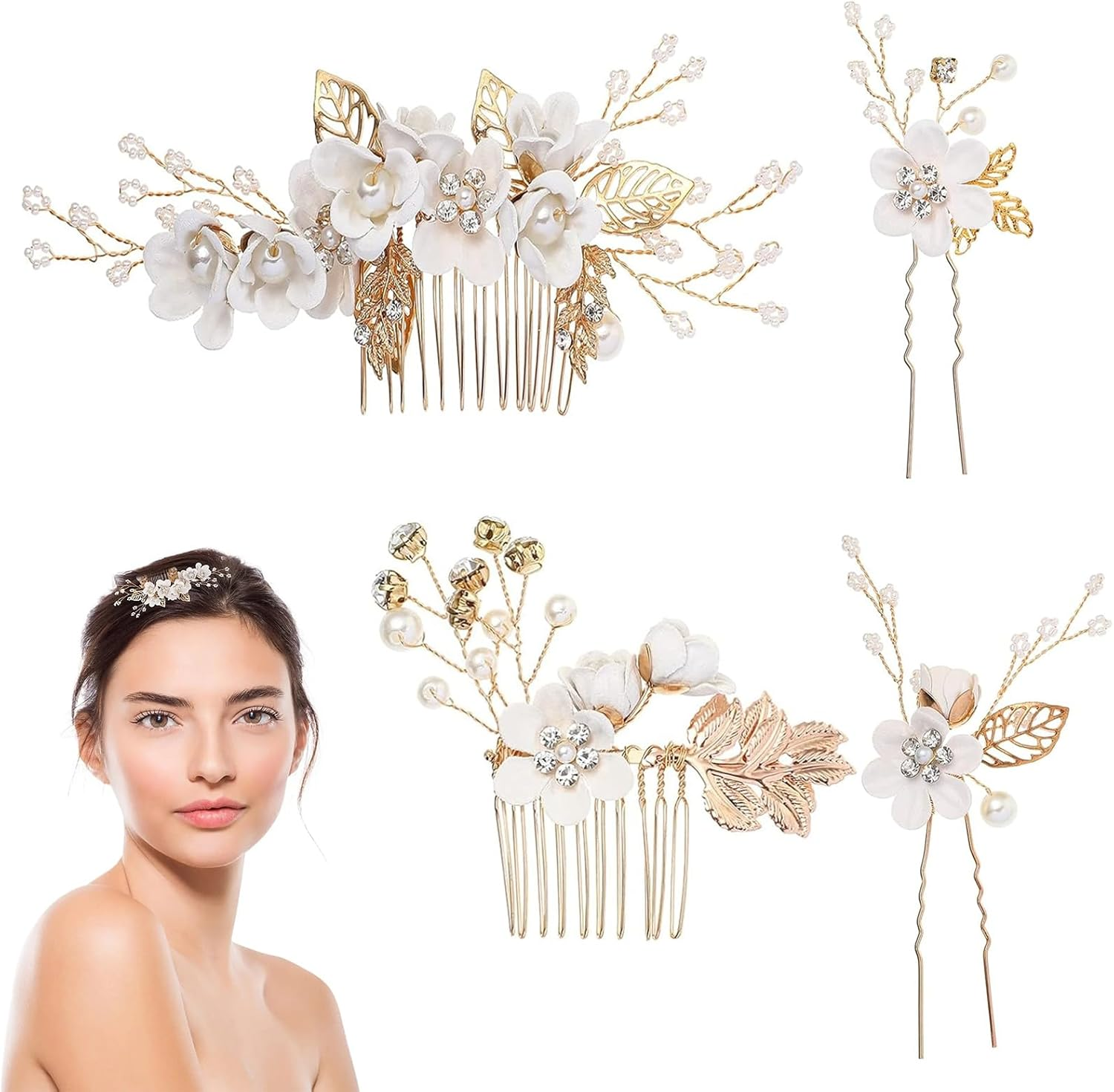 4Pcs Bridal Wedding Hairpins, Bridal Hair Comb Crystal Hair Clips Pearl Flower Hairpin Rhinestone Hair Side Combs Hair Clips Wedding Hair Accessories Headpiece for Brides and Bridesmaid image number 2