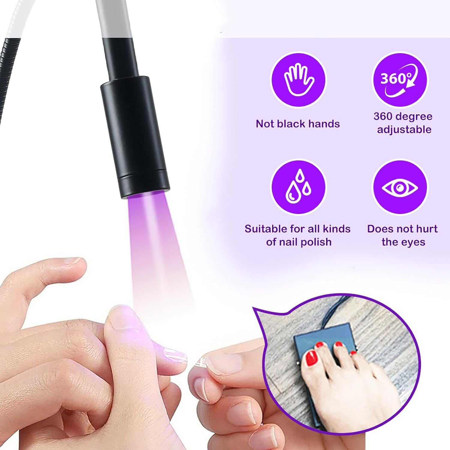 Uv Light UV Eyelash Extension Lamp 5W Flexible Gooseneck UV Nail Lamp 395 to 400Nm USB Charging UV Lash Light with Adjustable Spot Size UV Gel Curing Lamp with Clamp & Foot Pedal Switch