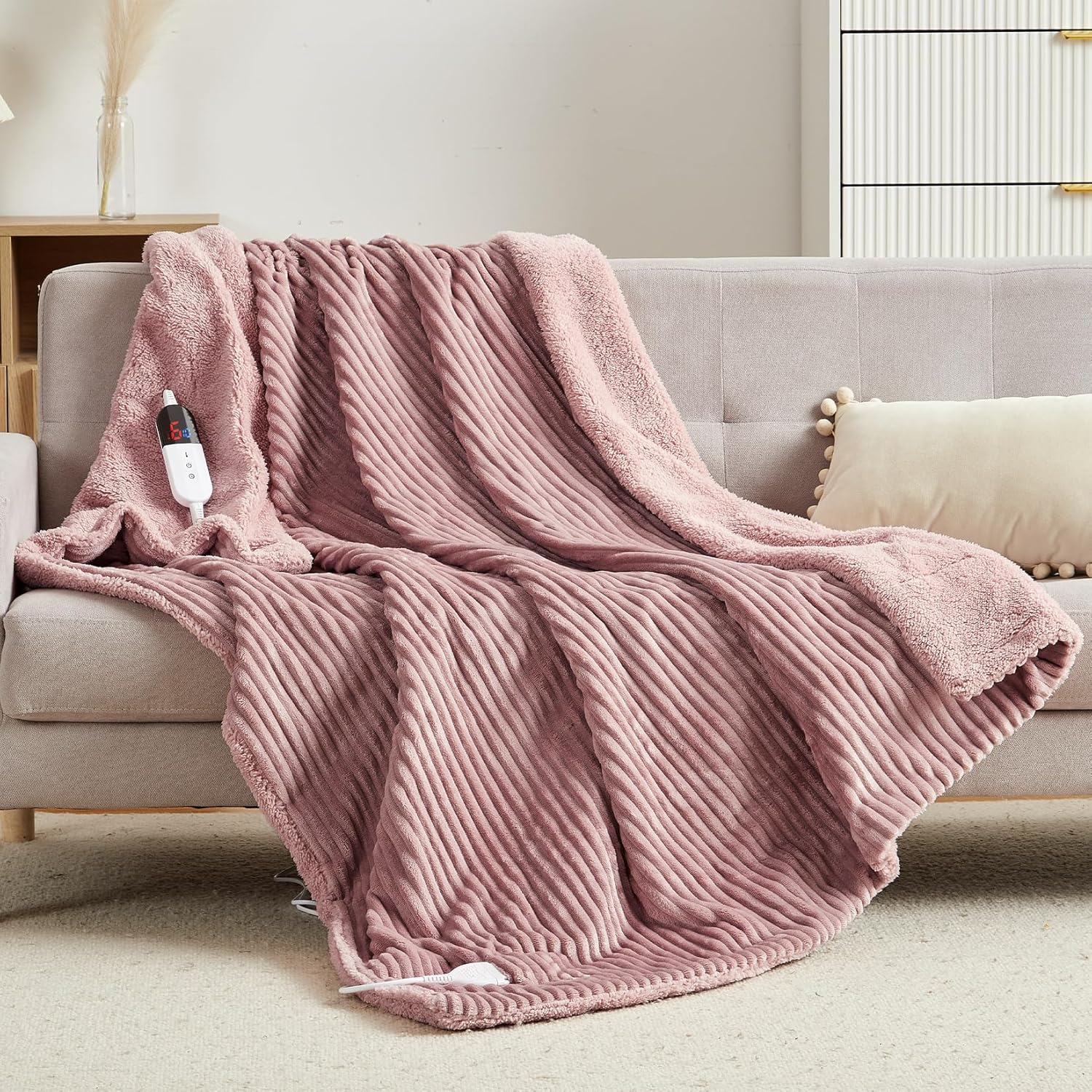 Electric Heated Throw Blanket 160X130Cm, Thick Washable Ribbed Flannel Heating Blanket with 6 Heat Levels, 10 Timer Settings & SAA Certified, Electric Blanket for Bed, Couch & Sofa, Grey