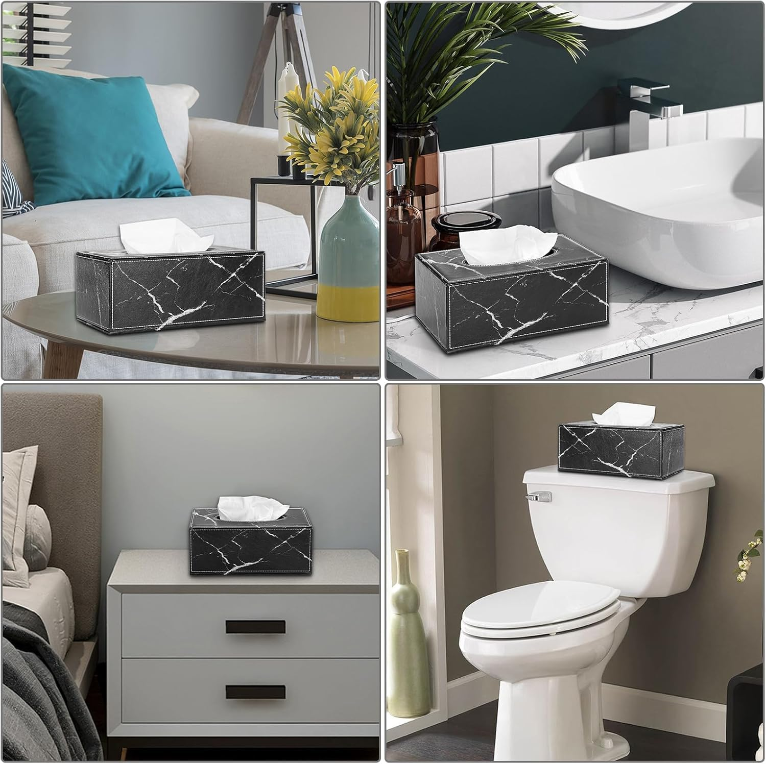 Stylish PU Leather Tissue Box Holder, Rectangular Napkin Holder Pumping Paper Case Dispenser, Facial Tissue Holder for Home Office Car Automotive Decoration (Black, One Size) image number 2