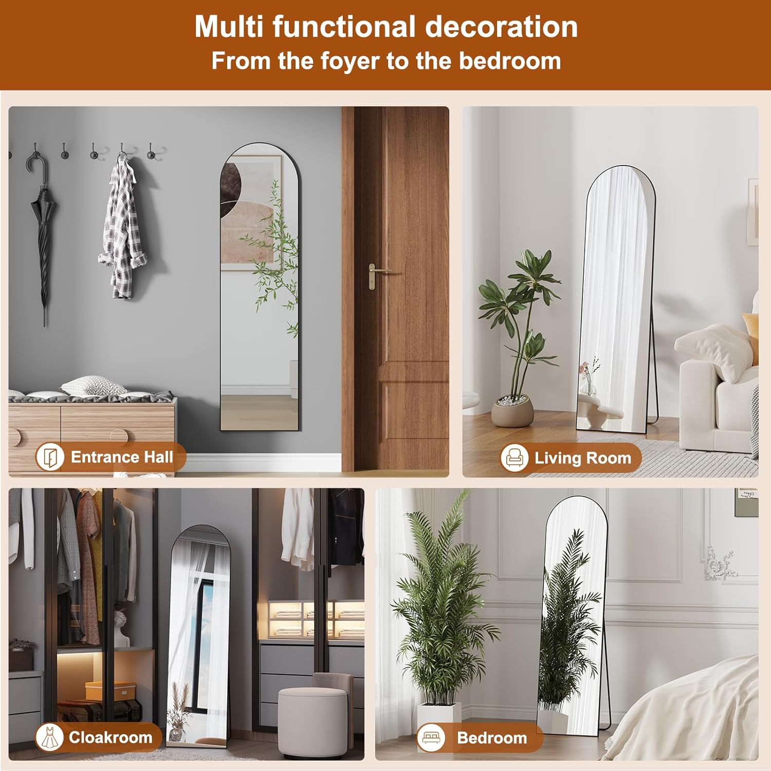 ZHUNFA Arched Full-Length Mirror, 148X40 Centimeter, Full-Length Mirror Wall-Mounted, Aluminum Alloy Frame Home Decor,Black. image number 1