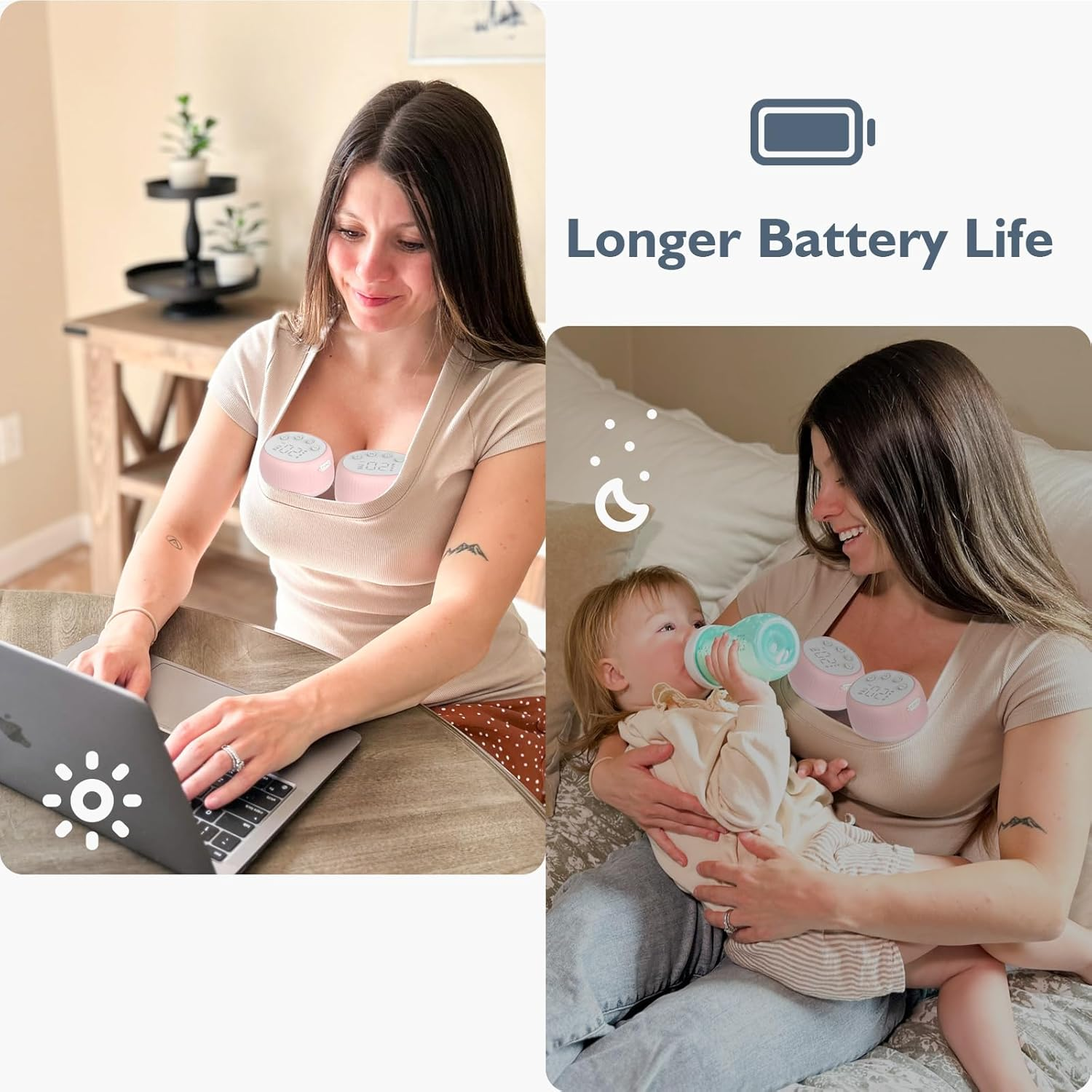 MOMMED Breast Pumps, MY-385 Hands Free with 4 Modes & 12 Levels, Leak-Proof Design, 24 Mm Wearable Breast Pumps, Includes 19 & 21 Mm Flange Inserts, 2 Pack image number 3