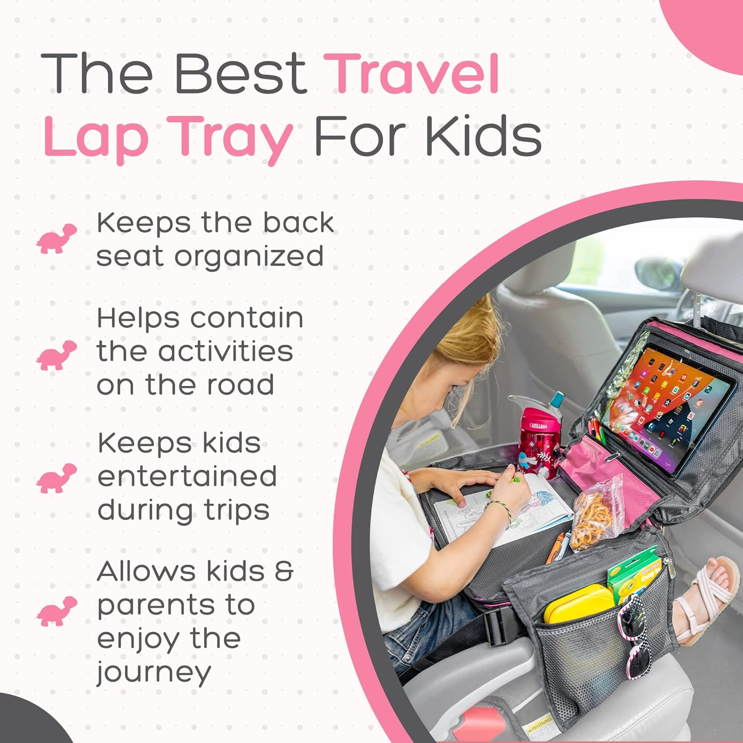 BE Family Travel Kids Car Seat Travel Tray, Car Accessories for Children, Car Seat Snack Tray, Traveling Essentials for Kids, Toddler Lap Tray for Engaging Activities, Multipurpose Design, Pink image number 2