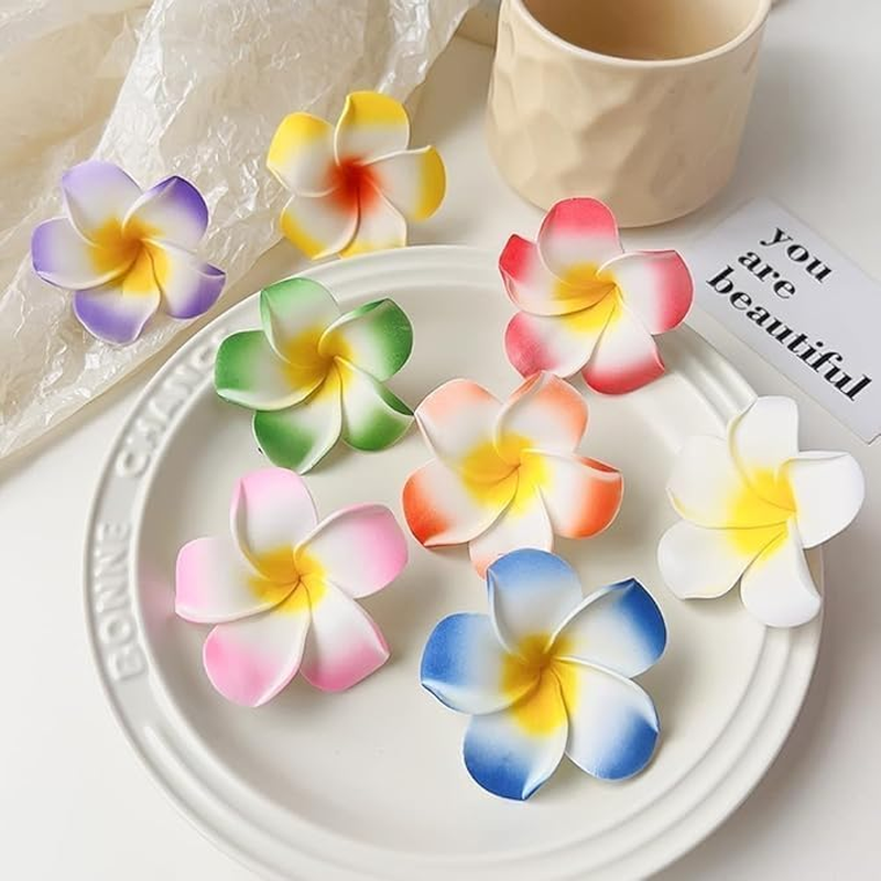 4 Pcs Hawaiian Frangipani Plumeria Foam Head Flower Party Beach Hair Clip,Hair Clips, 7Cm Clips and Barrettes, Hair Styling Accessories (White,Pink) image number 2