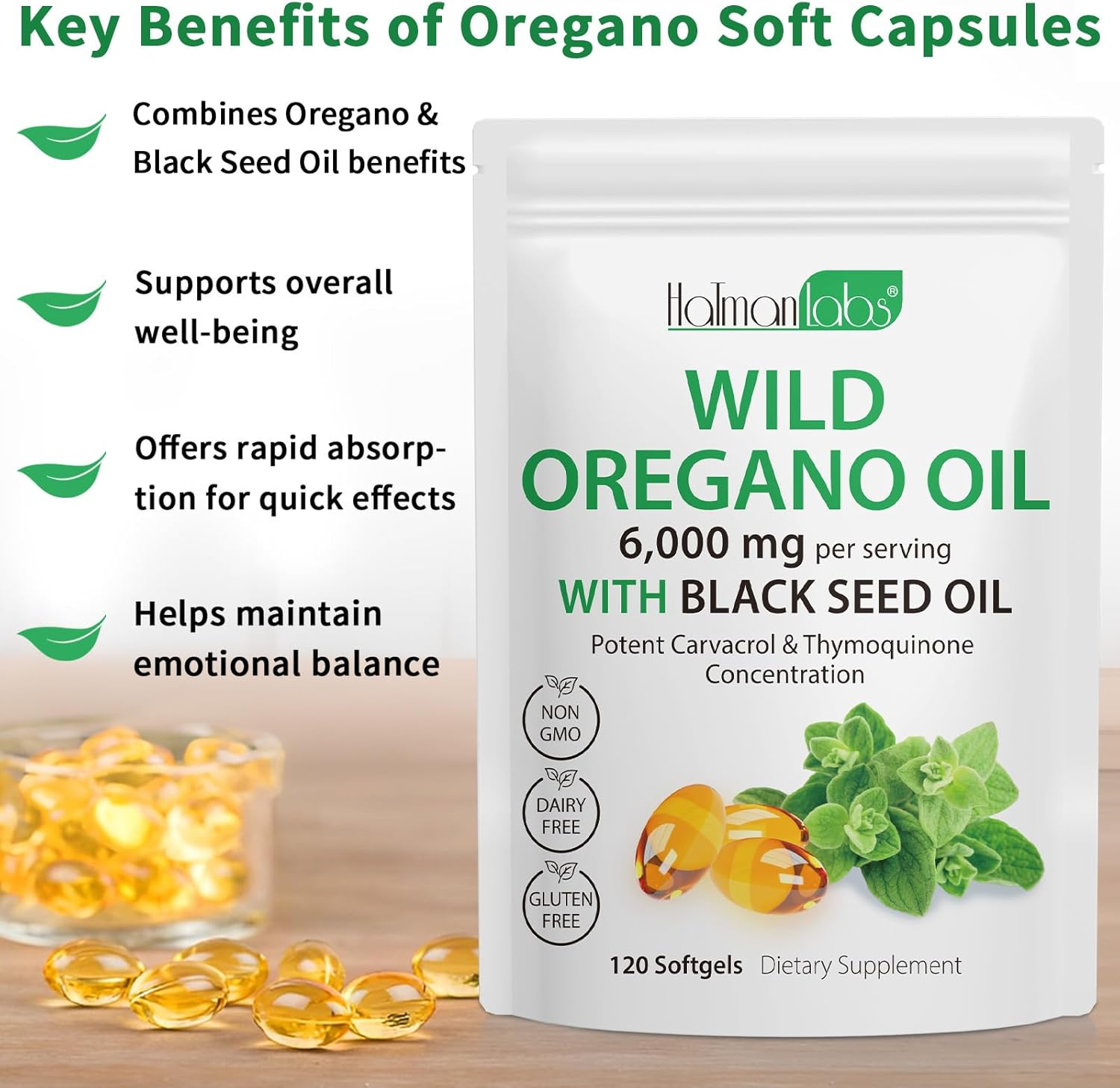 Oil of Oregano with Black Seed Oil Softgels 120 Count | Wild Oregano Oil 6000Mg per Serving | 2-In-1 Blend with Black Seed Oil 200Mg | Carvacrol & Thymoquinone | Plant-Based, Non-Gmo Formula | Premium Quality, Vegan-Friendly image number 5