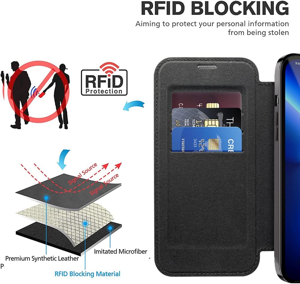 QIWEIQING Magnetic Case for Iphone 13 Pro Max, Compatible with Magsafe, PU Leather Flip Wallet with Card Slot, Transparent Back Mobile Phone Case for Iphone 13 Pro Max, Black JDC image number 3