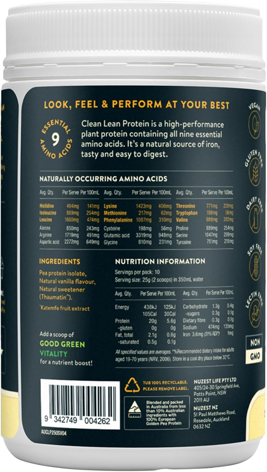 Nuzest - Pea Protein Powder - Clean Lean Protein - Vegan Protein Shake - Plant-Based Low Calorie & Low Carb - Gluten Free - Dairy Free (250G, Vanilla) image number 2