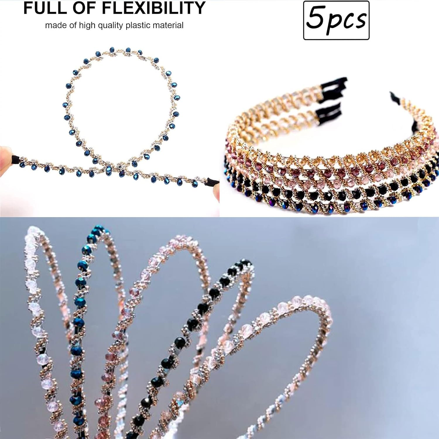 Pack of 5 Women'S Headbands, Colourful Crystal Rhinestone Headband, Glitter Headband, Rhinestone Hair Band, Crystal Hair Clips, Women'S Headband, Non-Slip Bangs Hairstyle Hairpin Headband for Women Girls image number 6