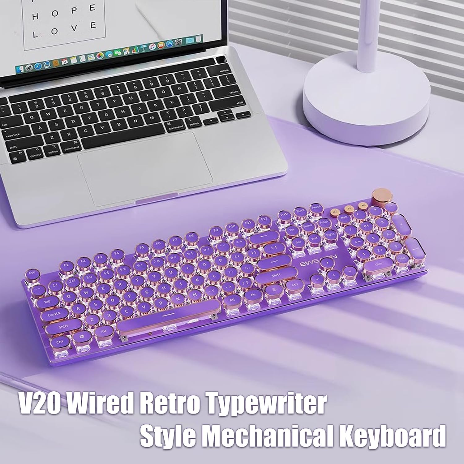 TISHLED Typewriter Style Mechanical Gaming Keyboard White LED Backlit 104-Key NKRO Pink Switches Retro round Keycaps Golden Ring Volume Knob Metal Panel Wired USB-C Detachable Cable, Purple - Purple image number 6