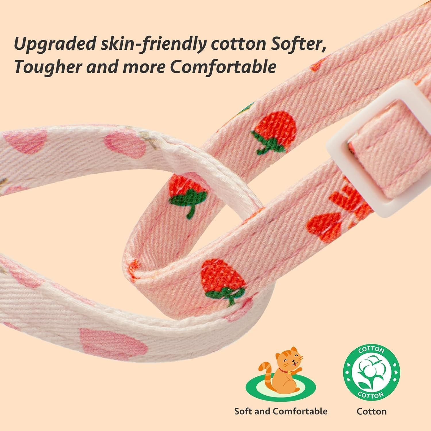 2-Piece Cotton Detachable Cat Collar Pink Strawberry White Heart Pendant Cute Kitten with Bell Cat Collar Suitable for Boys and Girls. - Pinkwhite image number 2