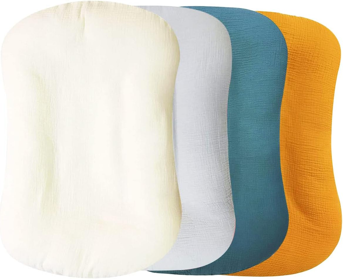 Muslin Baby Lounger Cover 4 Pcs, Soft Cotton Slipcover for Infant Padded Lounger Comfortable Lounger Pillow Case Newborn Floor Seat Cover for Babies Boys Girls (White/Gray/Blue/Ginger) image number 4