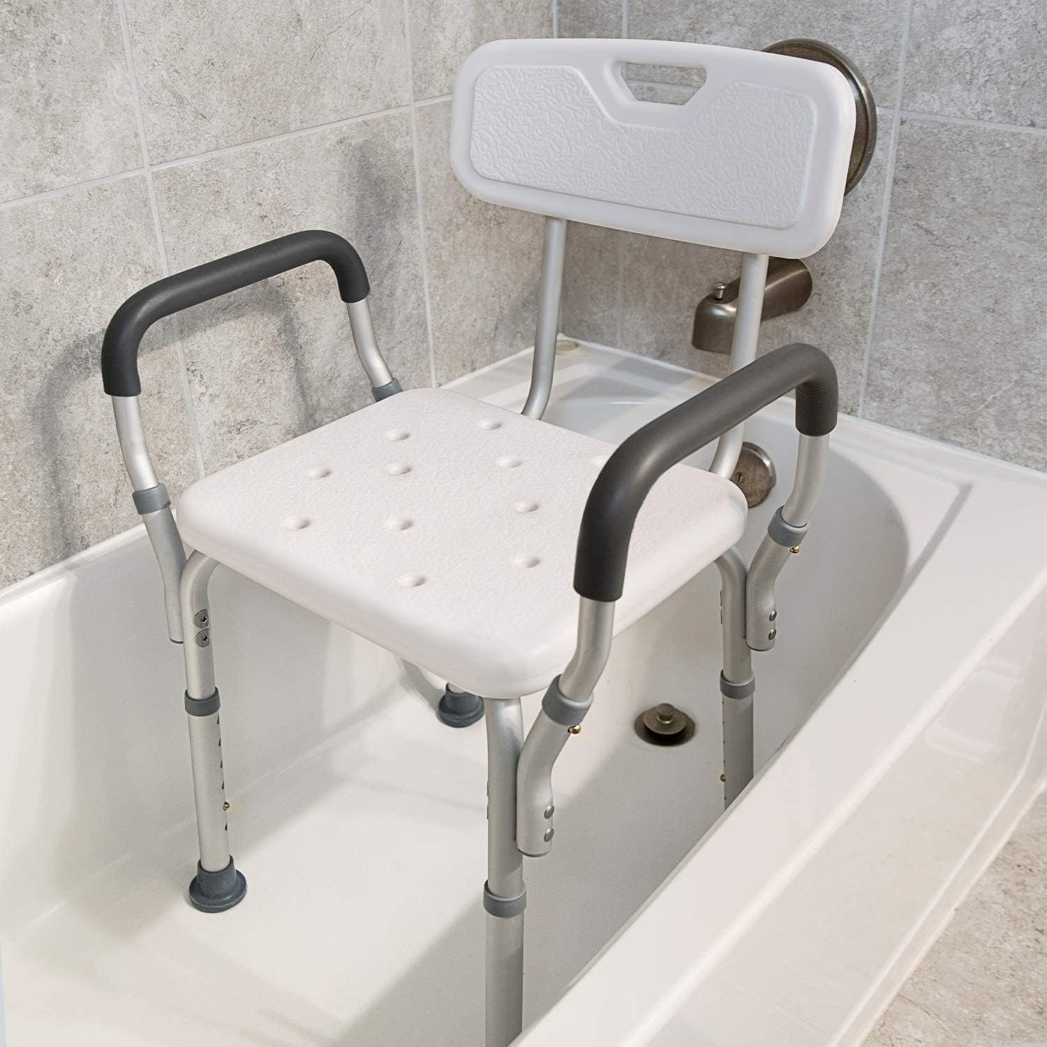 Shower Chair, Height Adjustable Non-Slip Aluminum Frame Shower Seat with Shower Buckle &Removable Back & Padded Arms, Bathtub Shower Lift Chair for Elderly & Disabled, Hold up to 150 Kg(White) image number 1