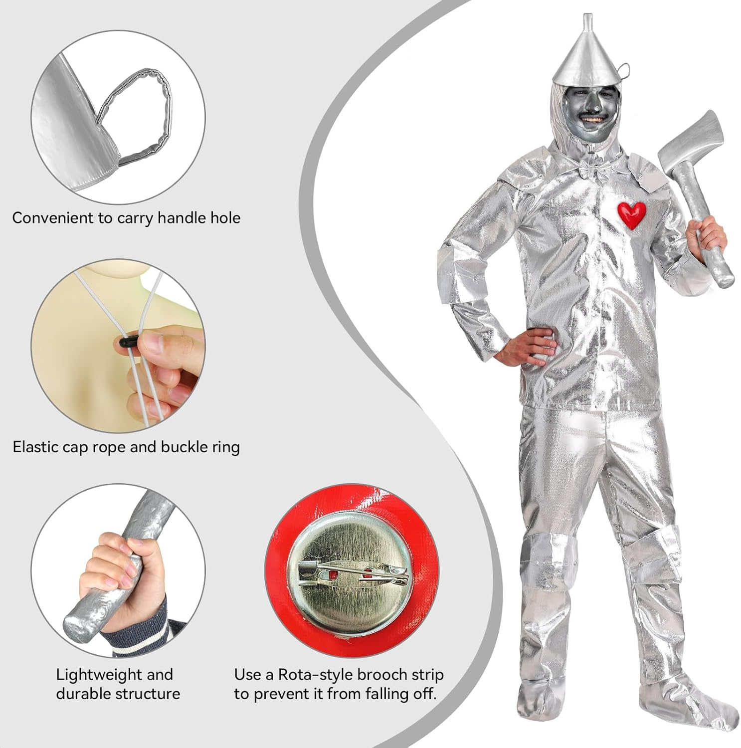 Silver Funnel Hat with Axe & Heart Brooch - Halloween Costume Accessories 3 Pieces Set for Adults & Kids, Cosplay Party Props image number 1