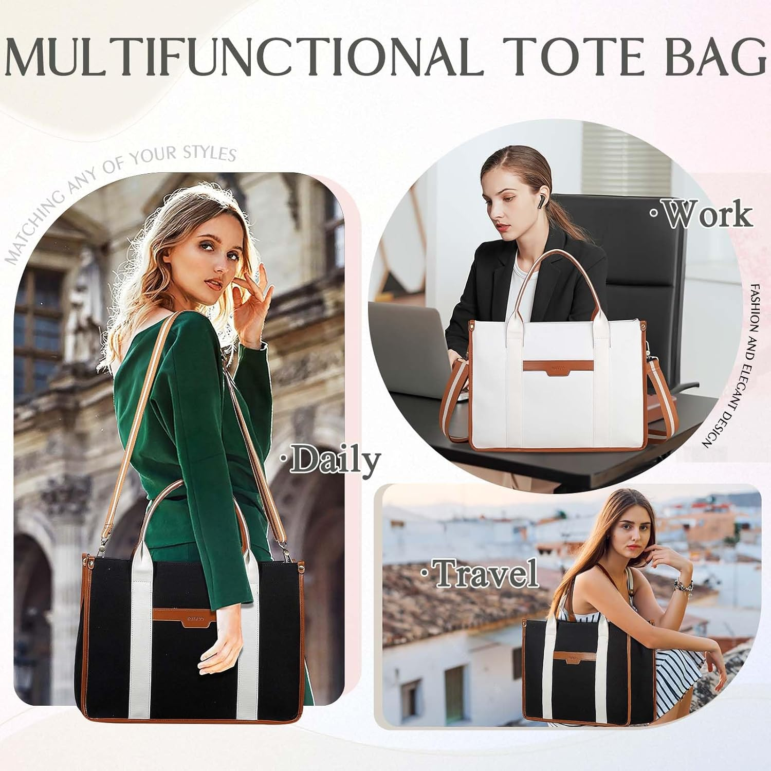 Laptop Tote Women,Ravuo 15.6Inch Ladies Canvas Computer Teacher Handbag Business Briefcase for Colleage W Detachable Shoulder Strap - White image number 3