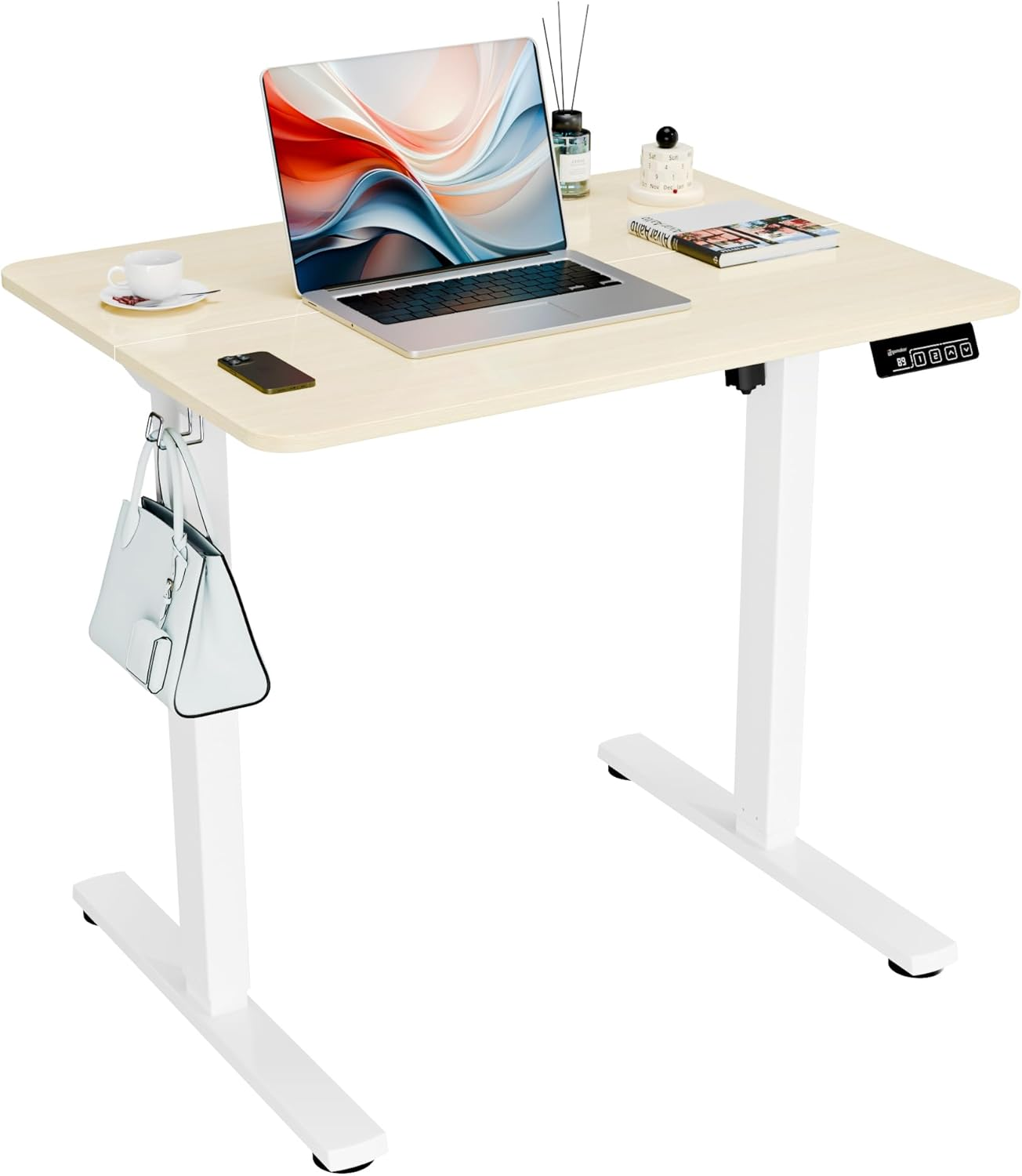 ERGOMAKER Electric Standing Desk 80X60Cm (31"X23.6"), Height Adjustable Sit Stand Desk with Splice Board for Home Office, Computer Desk Memory Preset (White Frame + Golden Oak Desktop) image number 5