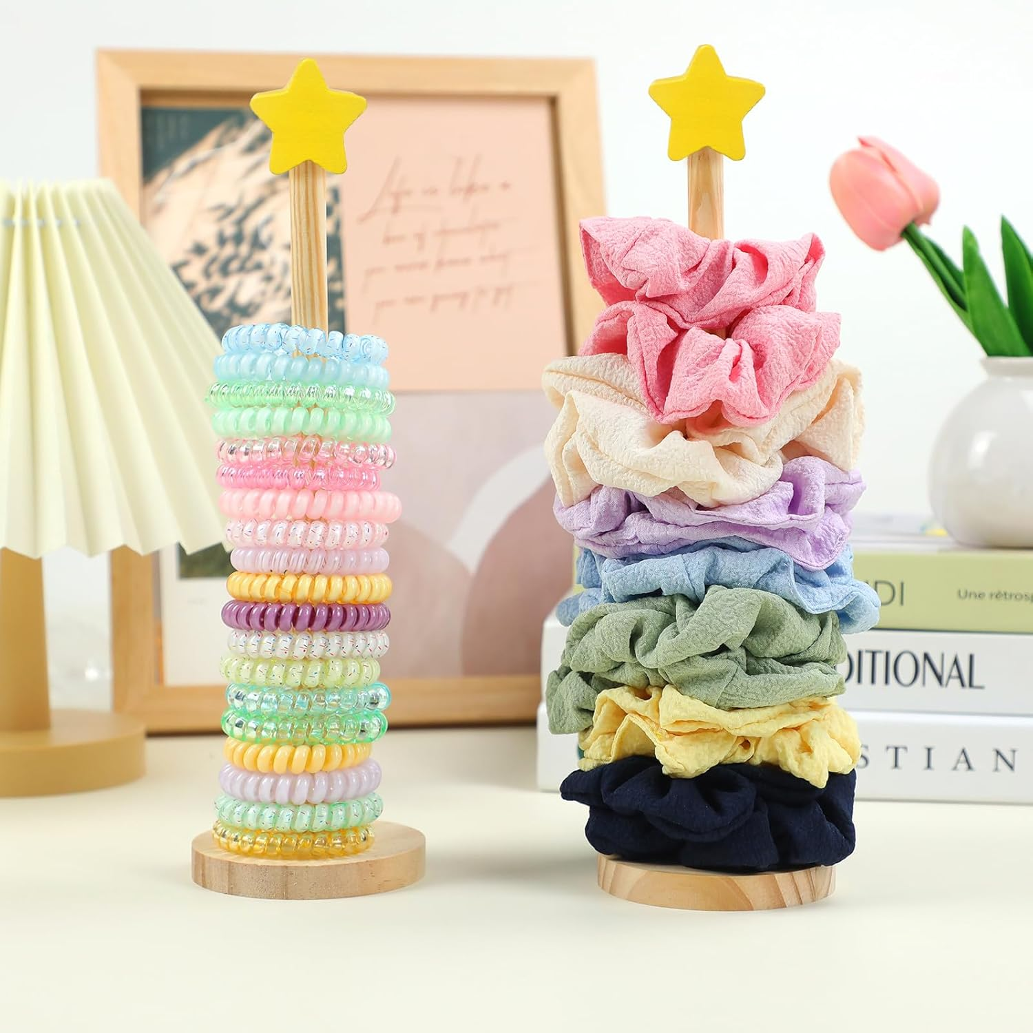 2 Pcs Scrunchie Holder Stand Hair Tie Organizer Hair Accessories Organizer Vertical 15-20 Scrunchies Holder Space-Saving Jewelry Scrunchy Holder for Girls Women, Bathroom Bedroom Decor (Yellow) image number 1