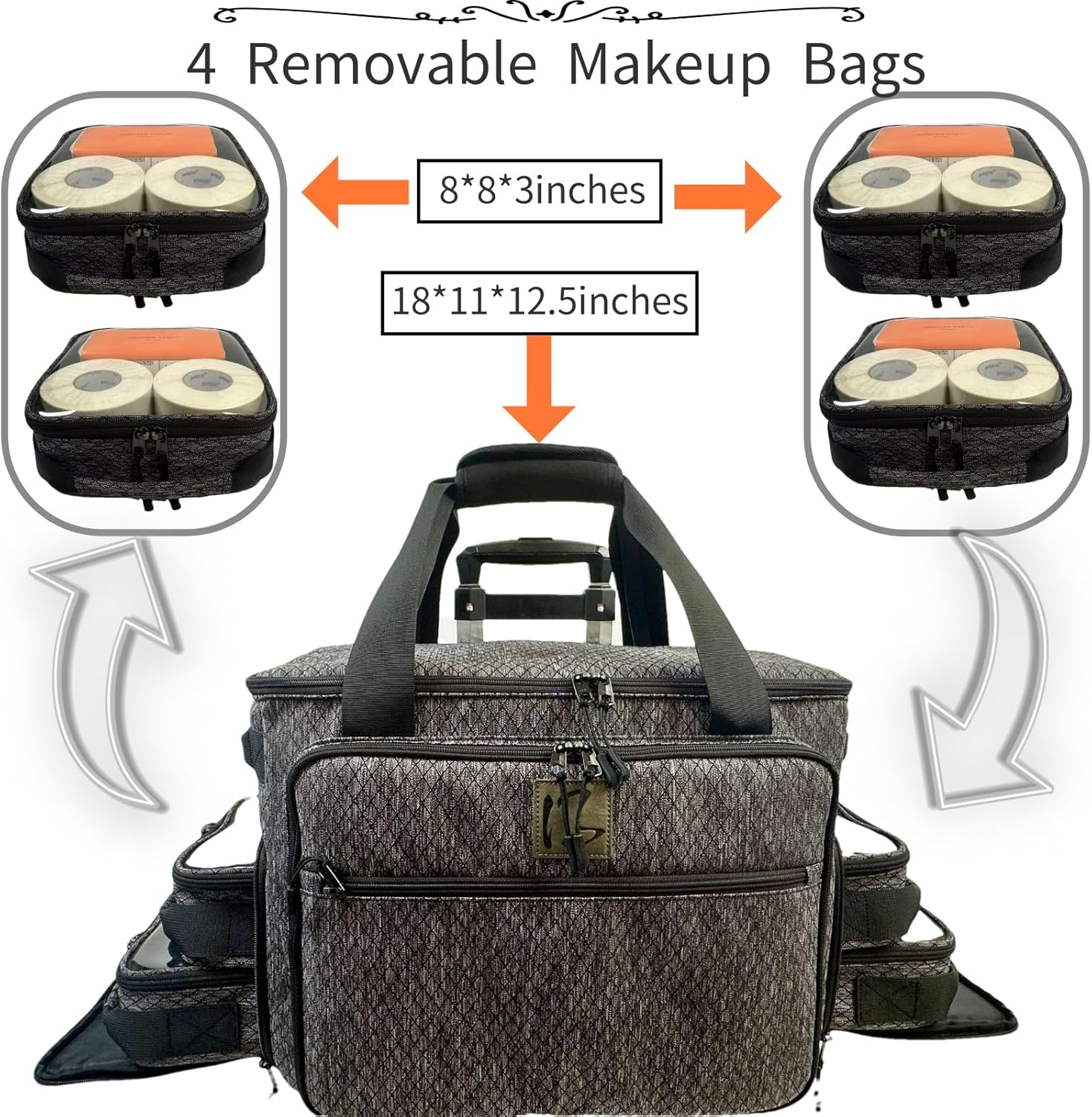 Baltfrist Rolling Makeup Bag with 4 Removable Bags，Rolling Makeup Case with 5Pcs 360&deg;Rotating Wheels,Makeup Artist Travel Bag with Brushes Storage Section，Black Diamond Grid image number 1