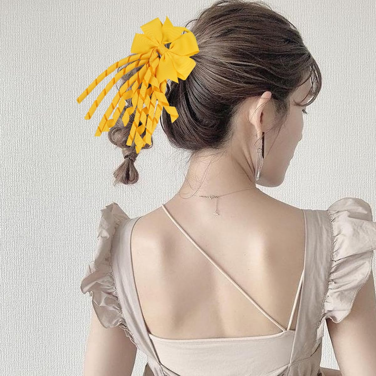 Laroal 2 Pcs Hair Bow Spiral Streamers &ndash; Curly Bow Hair Bands, Ponytail Holders, Hair Ribbons, Bobbles for Girls, Toddler, School, Party Accessories &ndash; Yellow image number 5