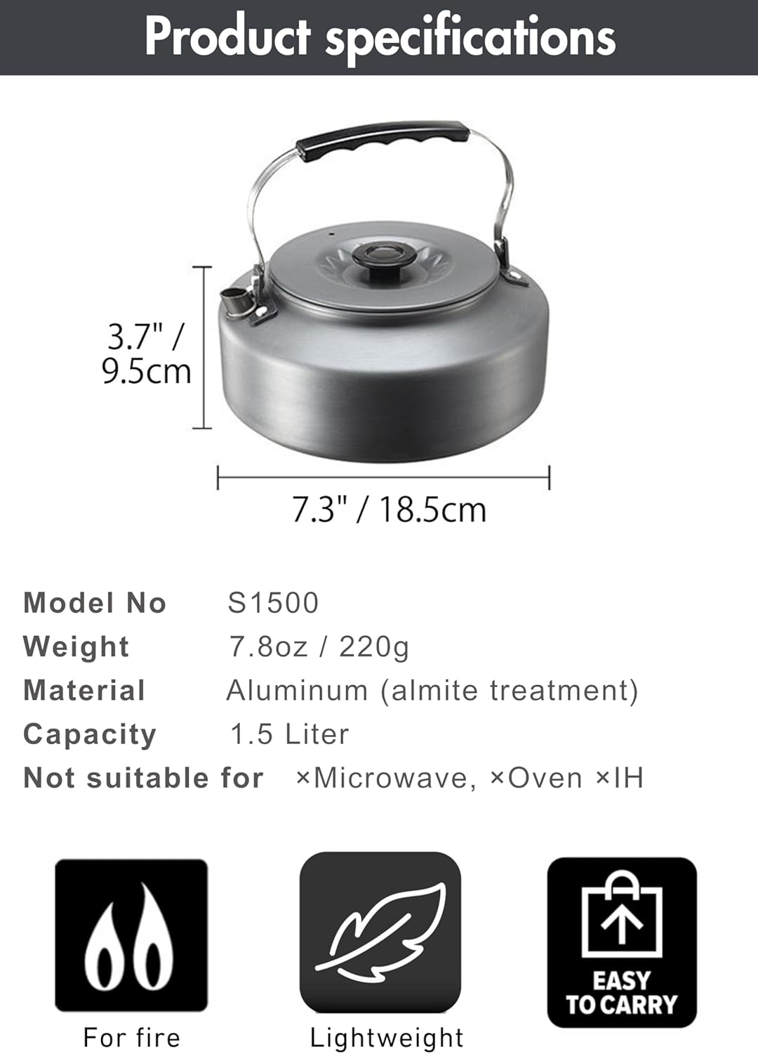 CAMPINGMOON Camping Kettle 1.5L Portable Ultra-Light Coffee Tea Pot S1500 image number 1