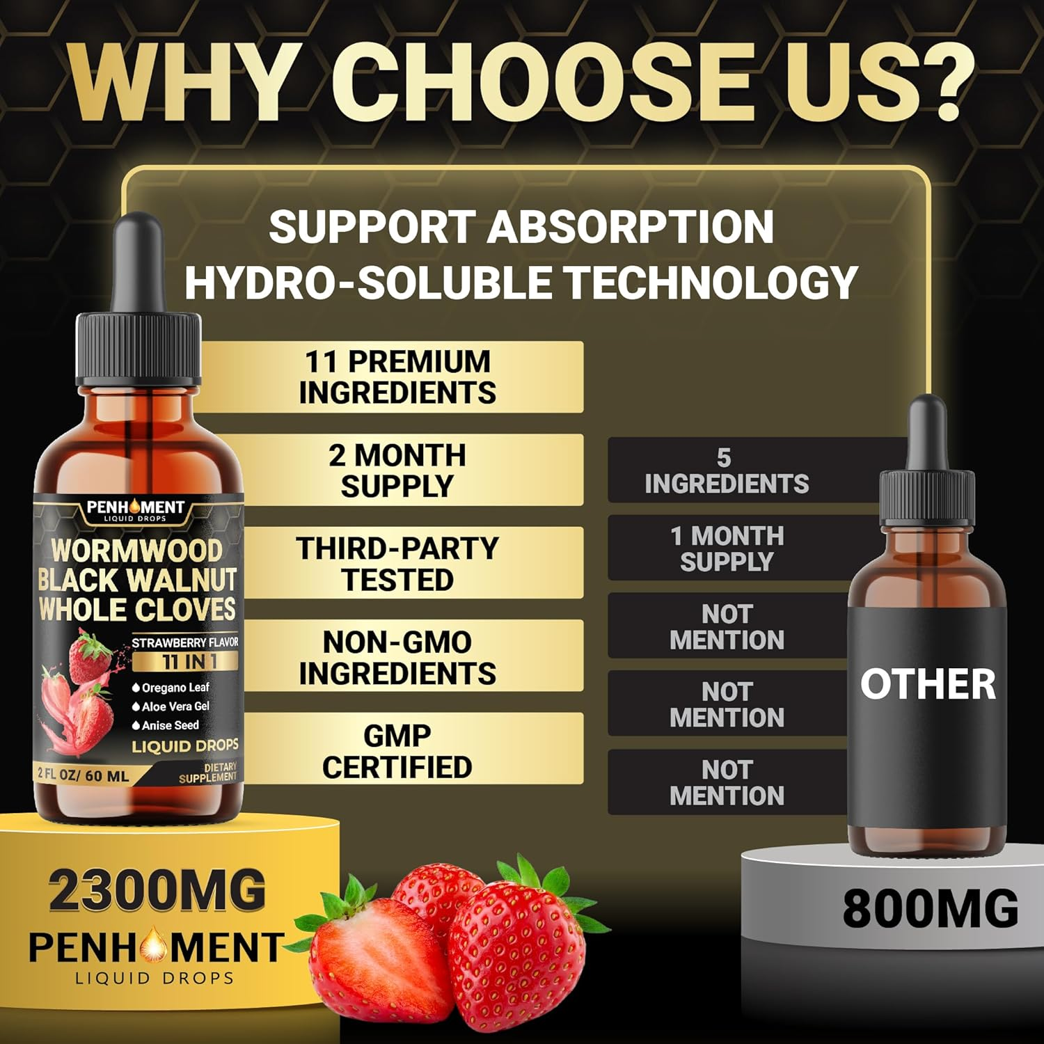 Penhoment 11In1 Wormwood Liquid Drops - Black Walnut Wormwood Liquid Extract with Whole Cloves, Reishi, Peppermint, Oregano, Aloe Vera, Anise Seed - 2 FL OZ - 60 Days Supply - Strawberry Flavor image number 5