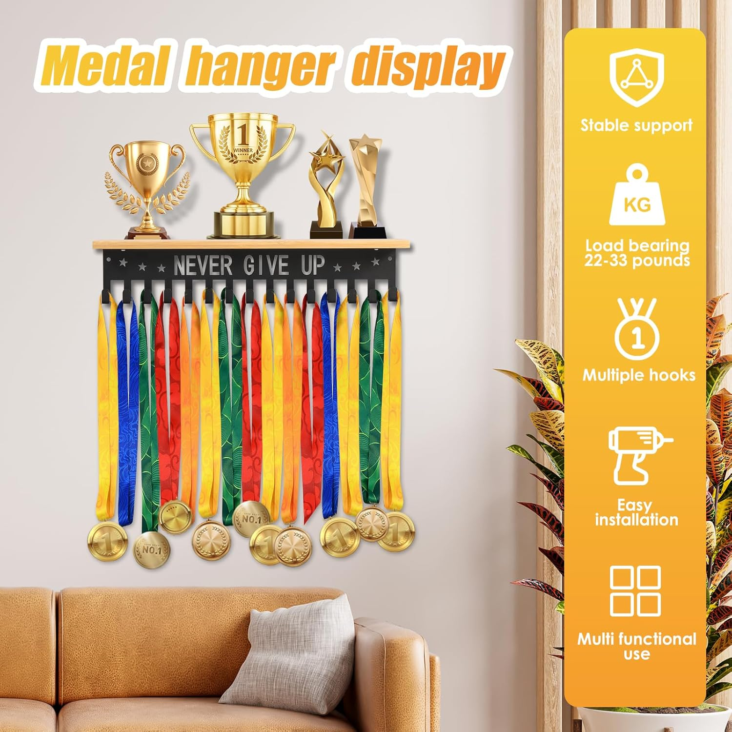 Medal Holder Display,Trophy Rack,Medal Display,Medal Rack,Trophy Display Shelf,Race Medal Display,Gymnastics Medal Holder for Gymnastics Volleyball Swim Race image number 4