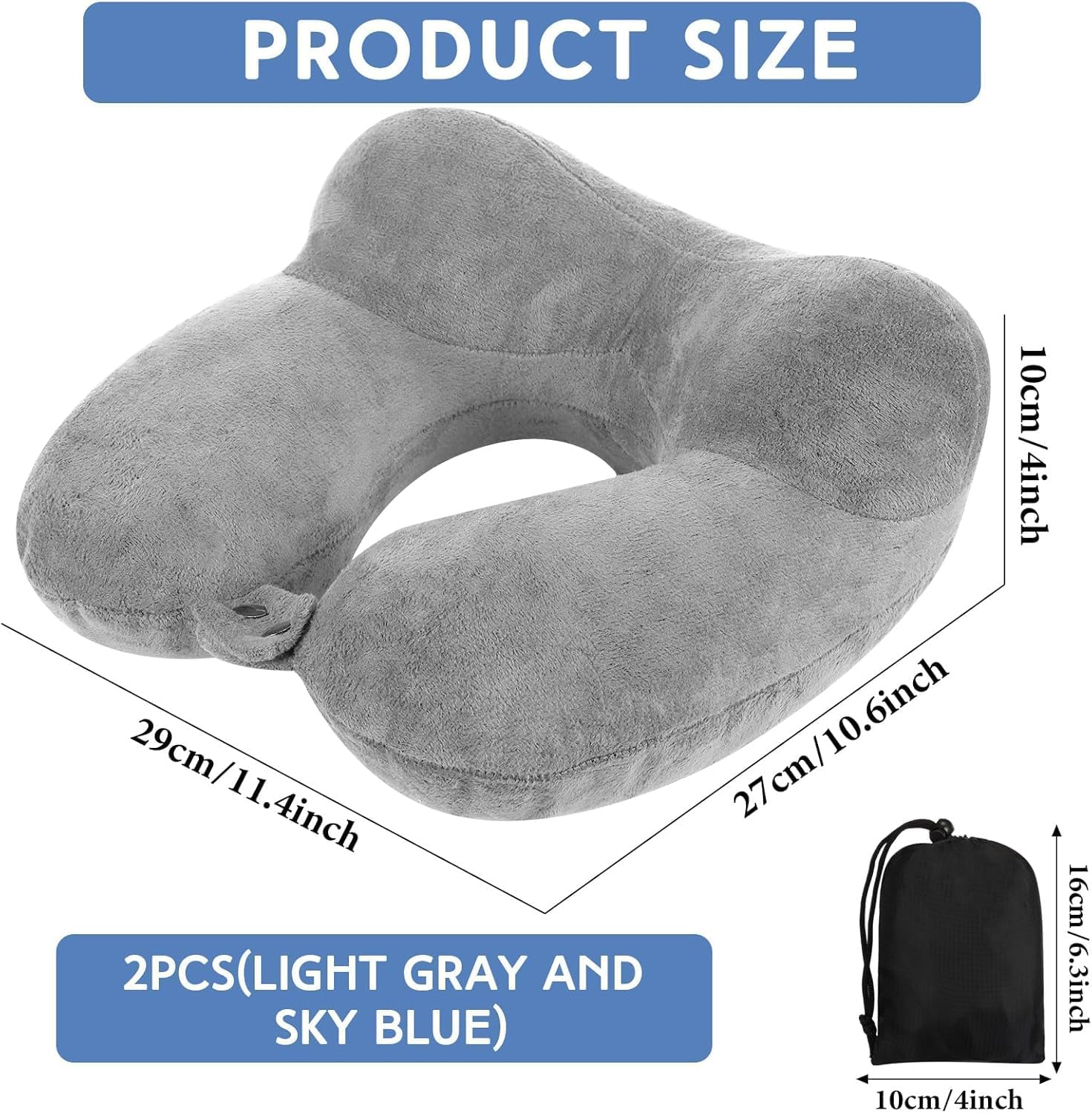 2 Pack Inflatable Travel Pillow for Airplanes Inflatable Neck Flight Pillows with Compact Bag and Blindfold for Traveling, Airplane, Train, Car, Office(Light Gray and Sky Blue) image number 4