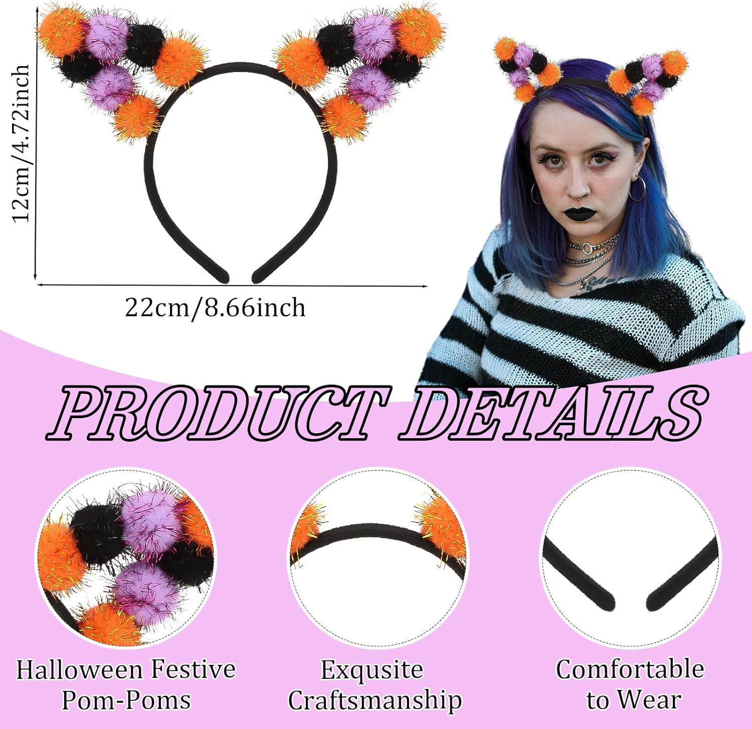 KIUEZIR Halloween Cat Ears Headband for Women - Three-Colour Glitter Pompoms Ears (Black/Purple/Orange) with Soft Headband, Party Accessories for Birthday Cosplay & Costume Parties image number 3