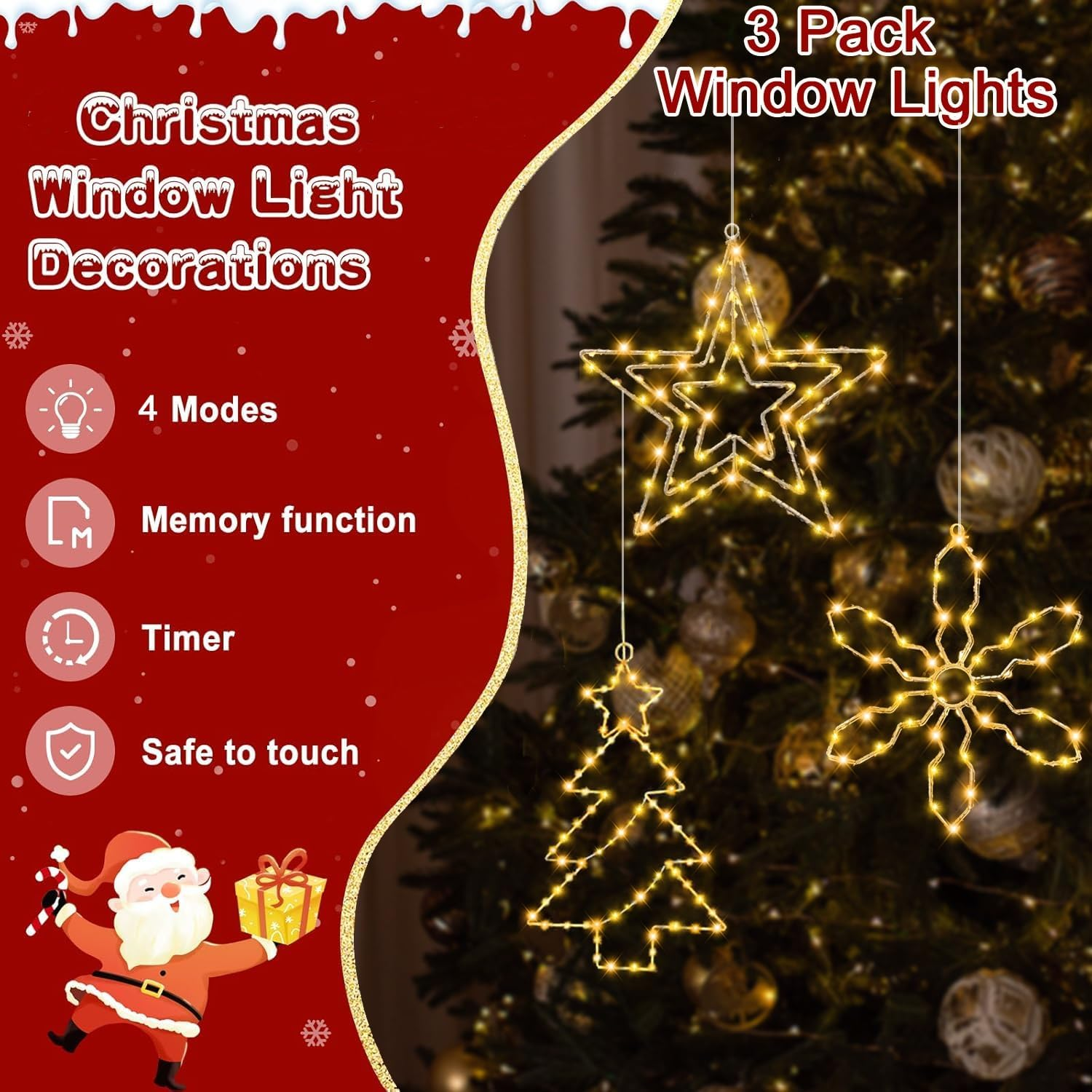 Christmas Decoration Window Pack of 3 Christmas Lights Window with Battery and Timer image number 2