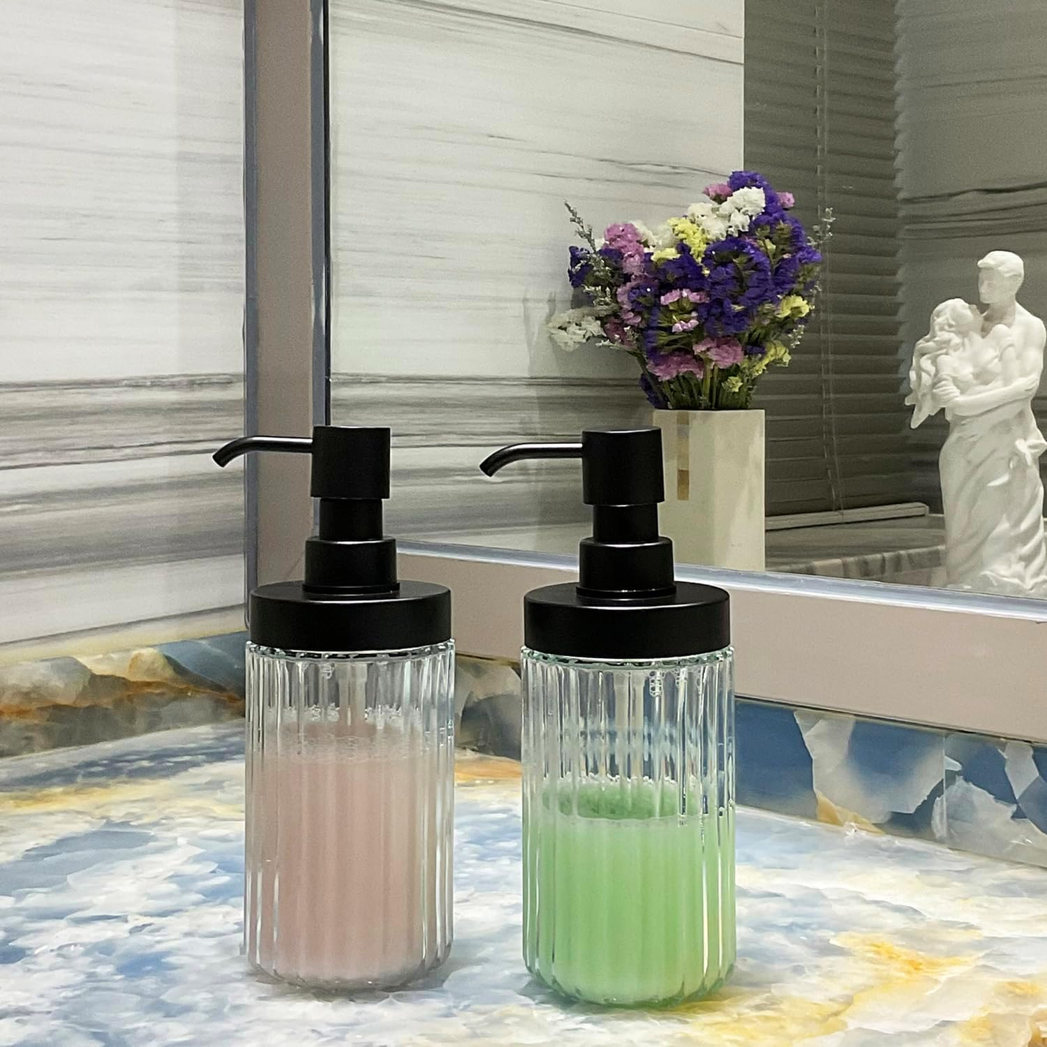 2 PCS Glass Soap Dispenser Set for Bathroom & Kitchen Sink Refillable Liquid Soap Bottle with Squeeze Pump for Hand Dish Soap, Shower Gel, Shampoo and Conditioner-425Ml - Transparent image number 4