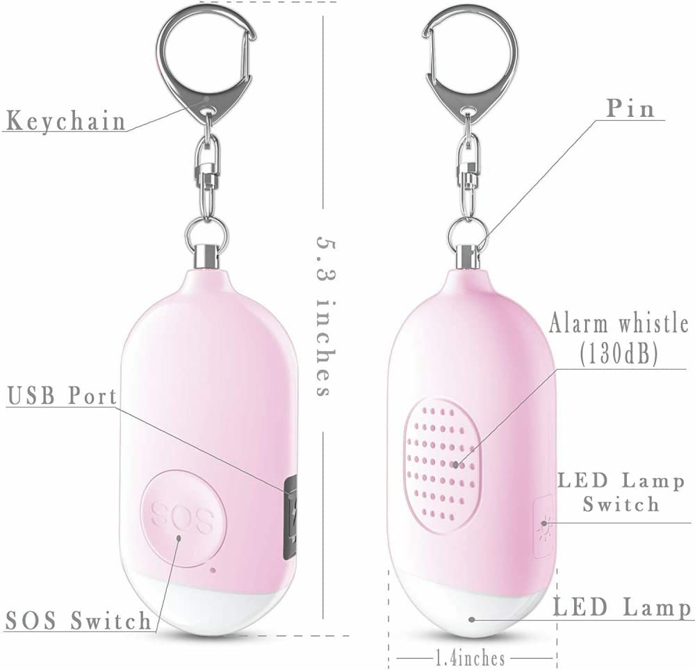 130Db Seniors SOS anti Rape Alarm Keychain Panic Emergency Alarm & LED Flashlight. USB Rechargeable or Women, Men, Kids, Elderly, and Joggers, Pink image number 2