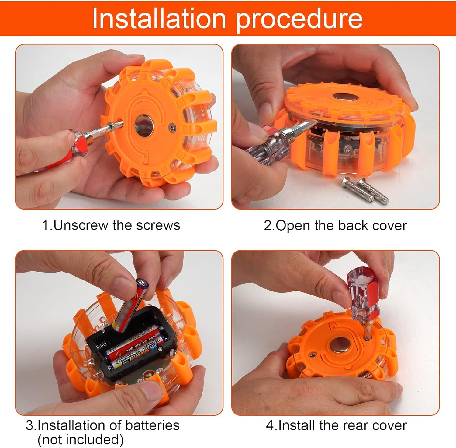 LED Road Flares Safety Flashing Warning Lights, Magnetic Base Hook Carrying Bag 9 Flash Modes, for Car Truck Boat 3Pack(Batteries Not Included) Orange image number 4
