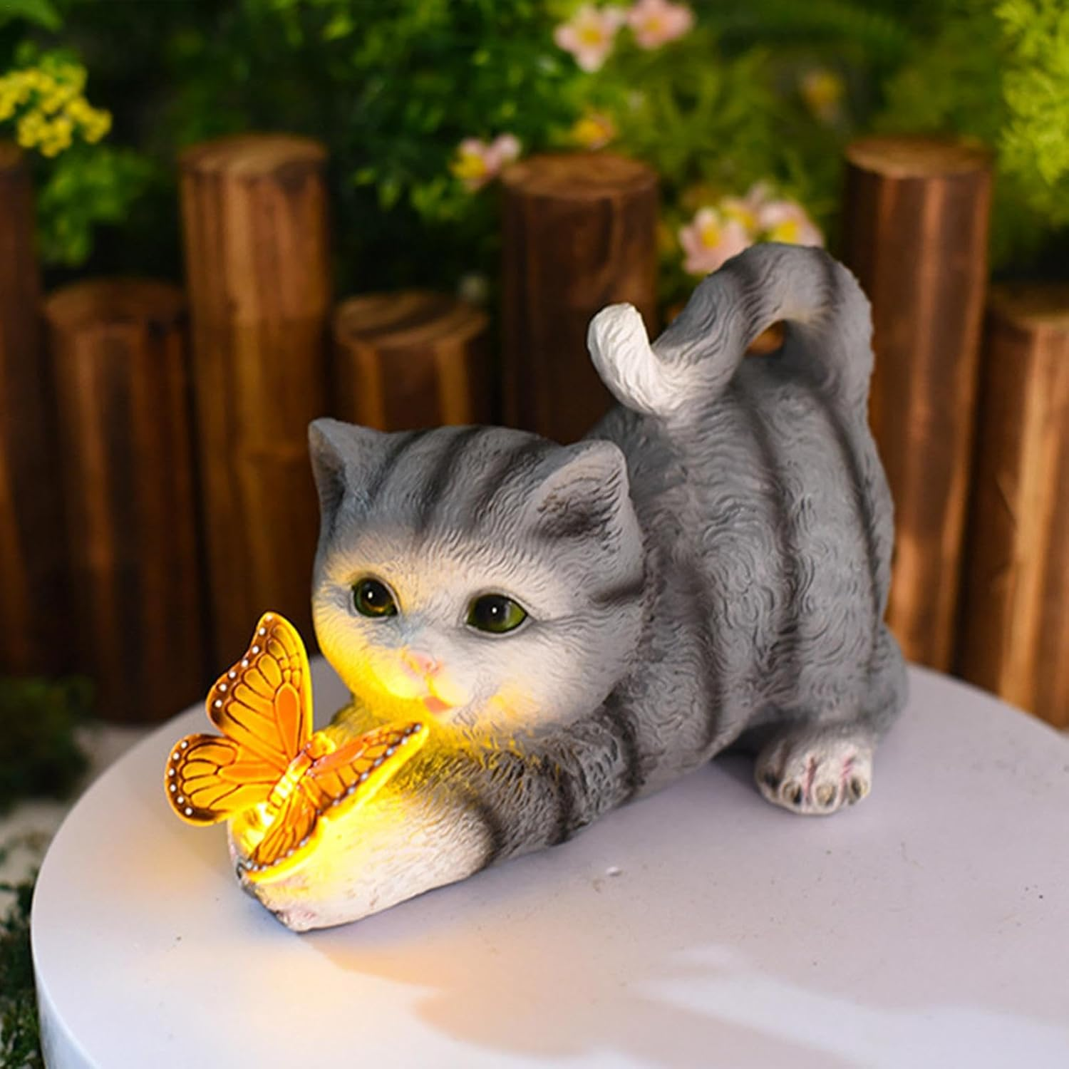 Solar Cat Statue | Cat Outdoor Solar Sculpture,Solar Garden Statue Cat Figurine, Resin Kitten Statue Playing Butterfly for Patio, Lawn, Yard Art Decoration image number 5