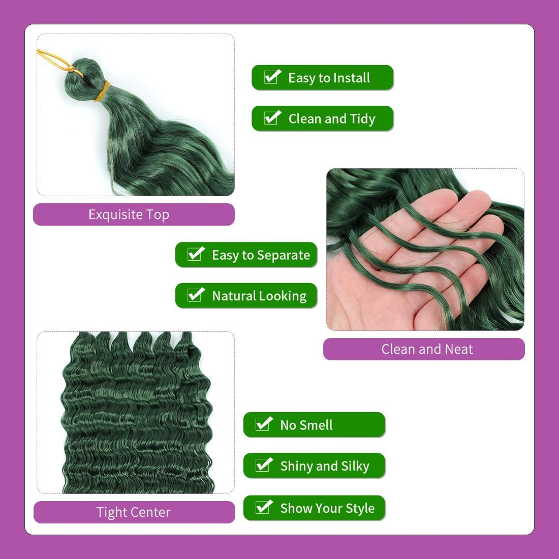 Ocean Wave Crochet Hair 18 Inch 3 Packs Deep Wave Braiding Hair Curl Crochet Synthetic Braids Hair Extension for Women (Green #, 18 Inch 3 Packs)