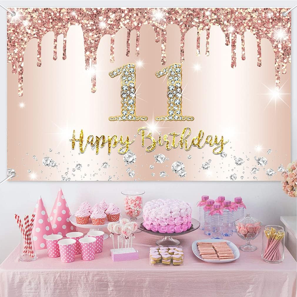 11Th Birthday Girl Decoration, 11Th Birthday Banner Rose Gold, 11Th Birthday Fabric Sign Poster, 11Th Birthday Background Banner Girl Birthday Party Decor image number 4