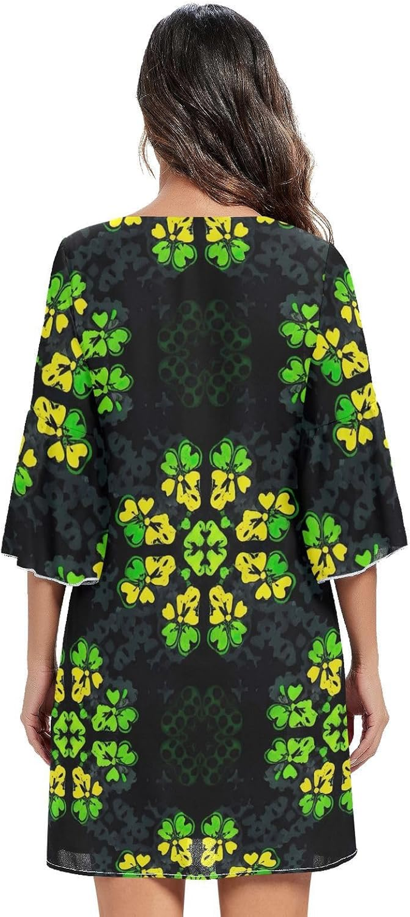 Green Yellow Shamrock Black Short Chiffon Dress Printed Line Maternity Dress S-XXL image number 2