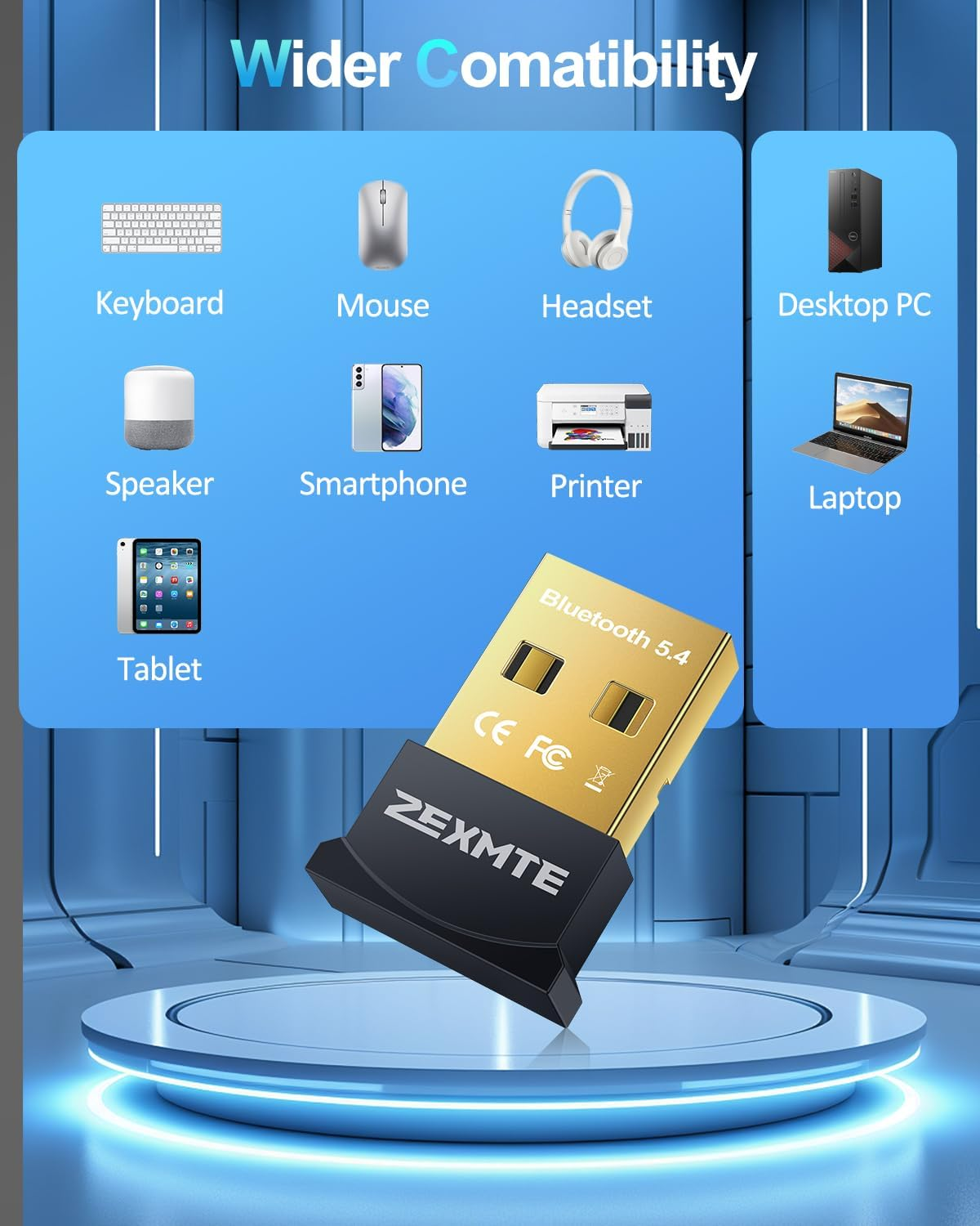 ZEXMTE 5.4 USB Bluetooth Adapter for PC, Bluetooth Dongle, Long Range Bluetooth Transmitter&Receiver, Plug-And-Play for Desktop, Laptop, Mouse, Keyboard, Headsets, Speakers Support Windows 11/10/8.1/7 image number 5