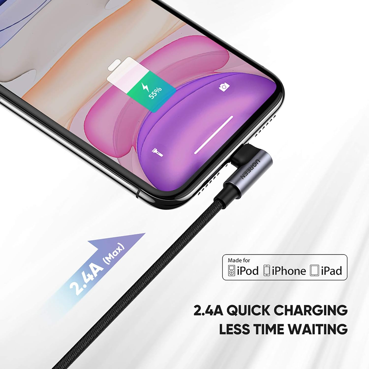 UGREEN USB a to Lightning Cable 90 Degree 1M, Apple Mfi Certified Iphone Charger, Right Angle Nylon Braided Cord, Data Sync for Iphone 14 Pro Max/13/12, Ipad Pro/Air/Mini, Airpods, Black