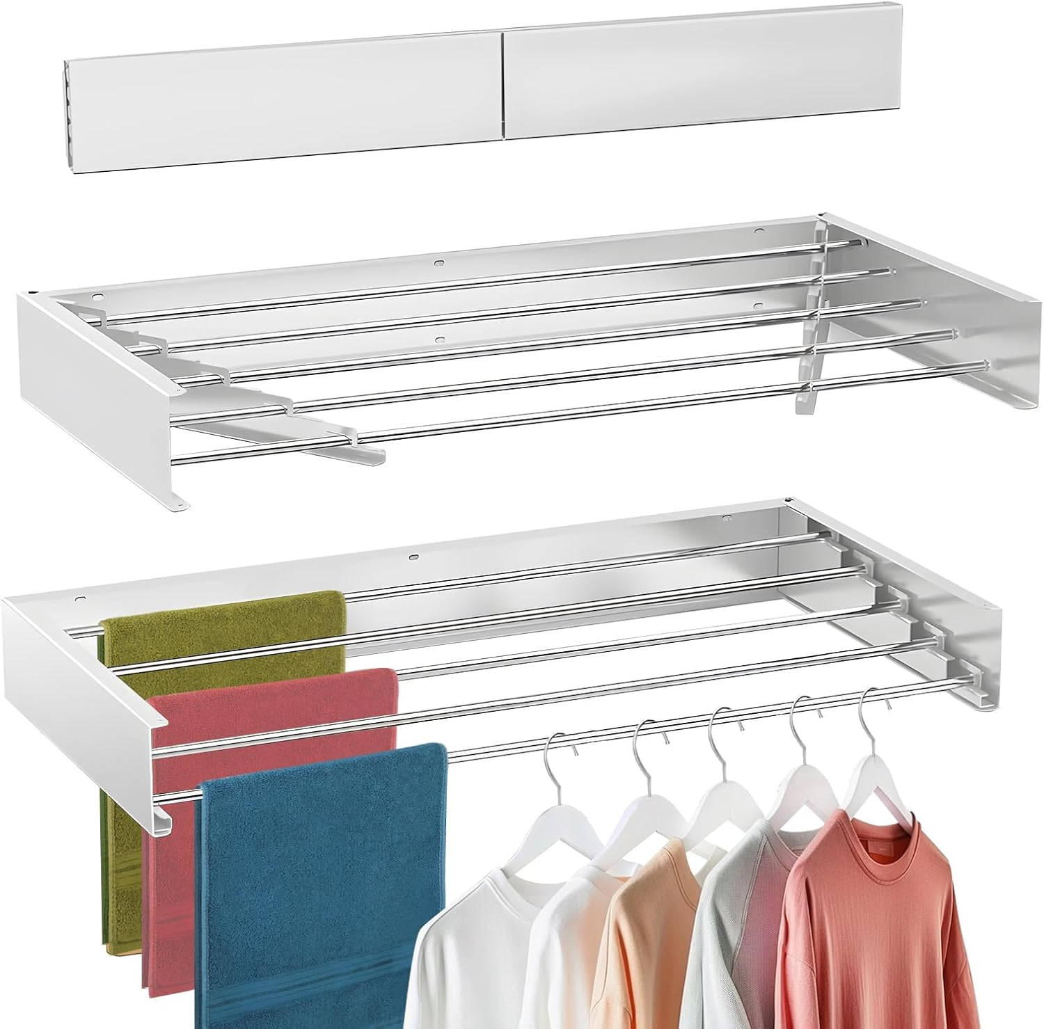 Laundry Drying Rack Collapsible, Wall Mounted, Clothes Drying Rack, 31.5" Wide, 13.1 Linear Ft, 5 Aluminum Rods, 45 Lb Capacity, with Wall Template, Screwdriver Bit(White) image number 1