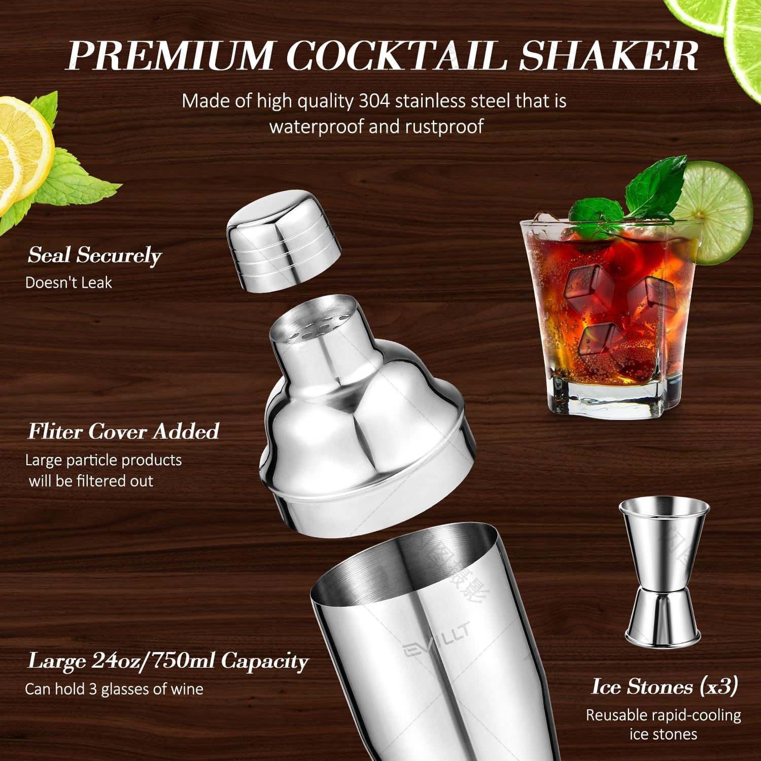 Mixology Bartender Kit Bar Set with Bamboo Stand, 28Pcs 24Oz Cocktail Shaker Set Cocktail Kit, Professional Stainless Steel Bar Tool Set, Black