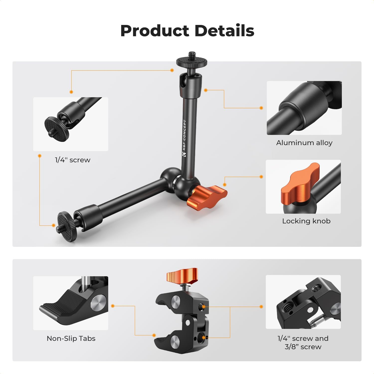 K&F CONCEPT 9.8" Magic Arm with Clamp, Super Clamp with 1/4" 3/8" Screw, Camera Arm with Cold Shoe Mount for DSLR Action Cam Monitor Tripod, Camera Mount Compatible with DJI Osmo Gopro Hero Insta360 image number 5