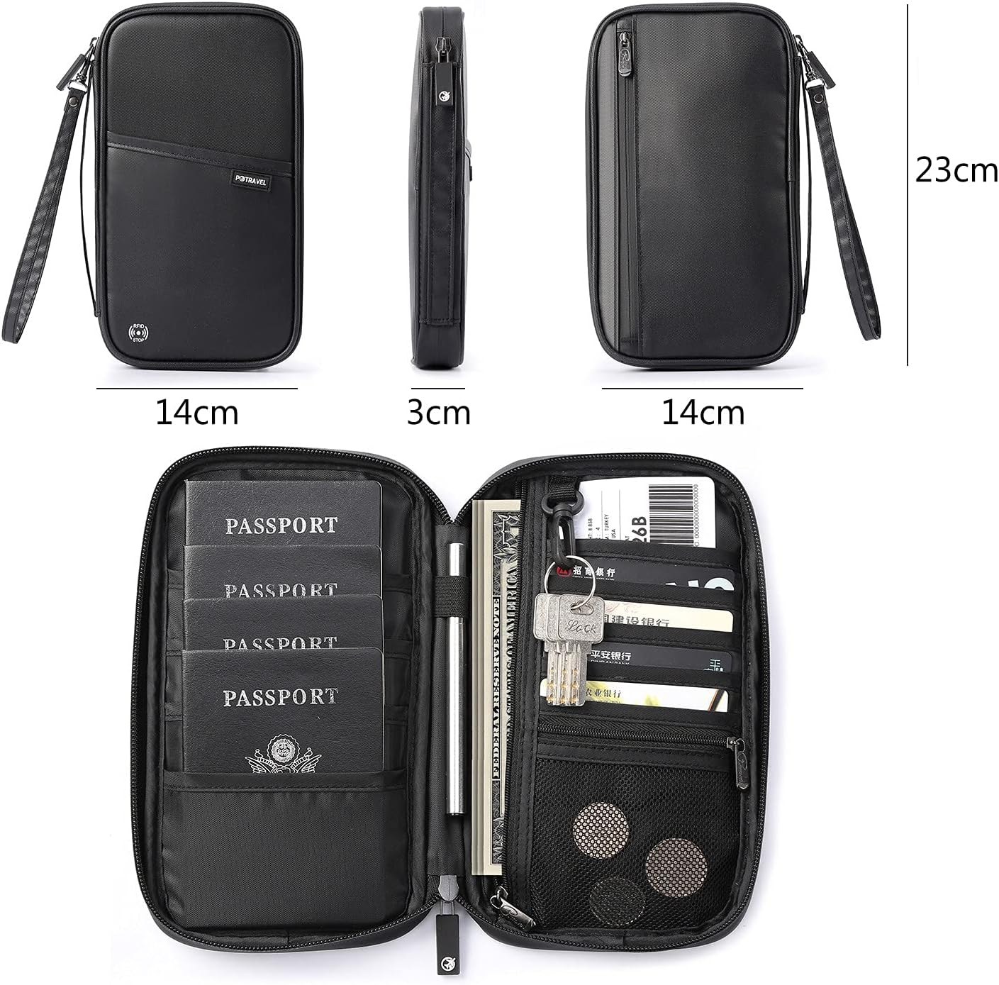 RFID Travel Passport Wallet, Family Passport Holder with Hand Strap, RFID Blocking Credit Card Wallet for Men & Women, Trip Document Organizer by Vanfn P.Travel Series (Nylon - Black) - Black image number 2