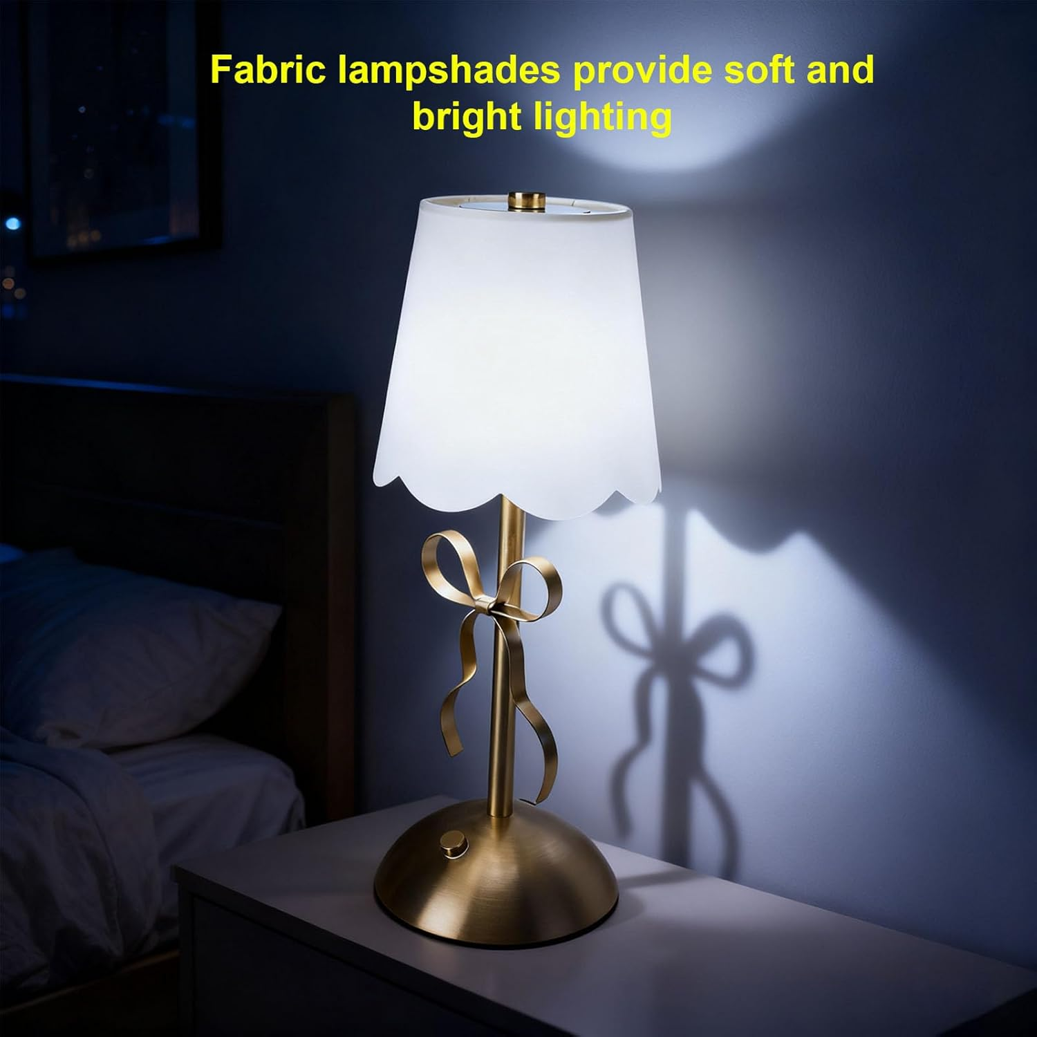 GOWENIC Cordless Bedside Lamp, Single Cute Bow Table Lamp with Fabric Shade, 1200Mah Rechargeable Battery, for Bedroom Dining Patio image number 1