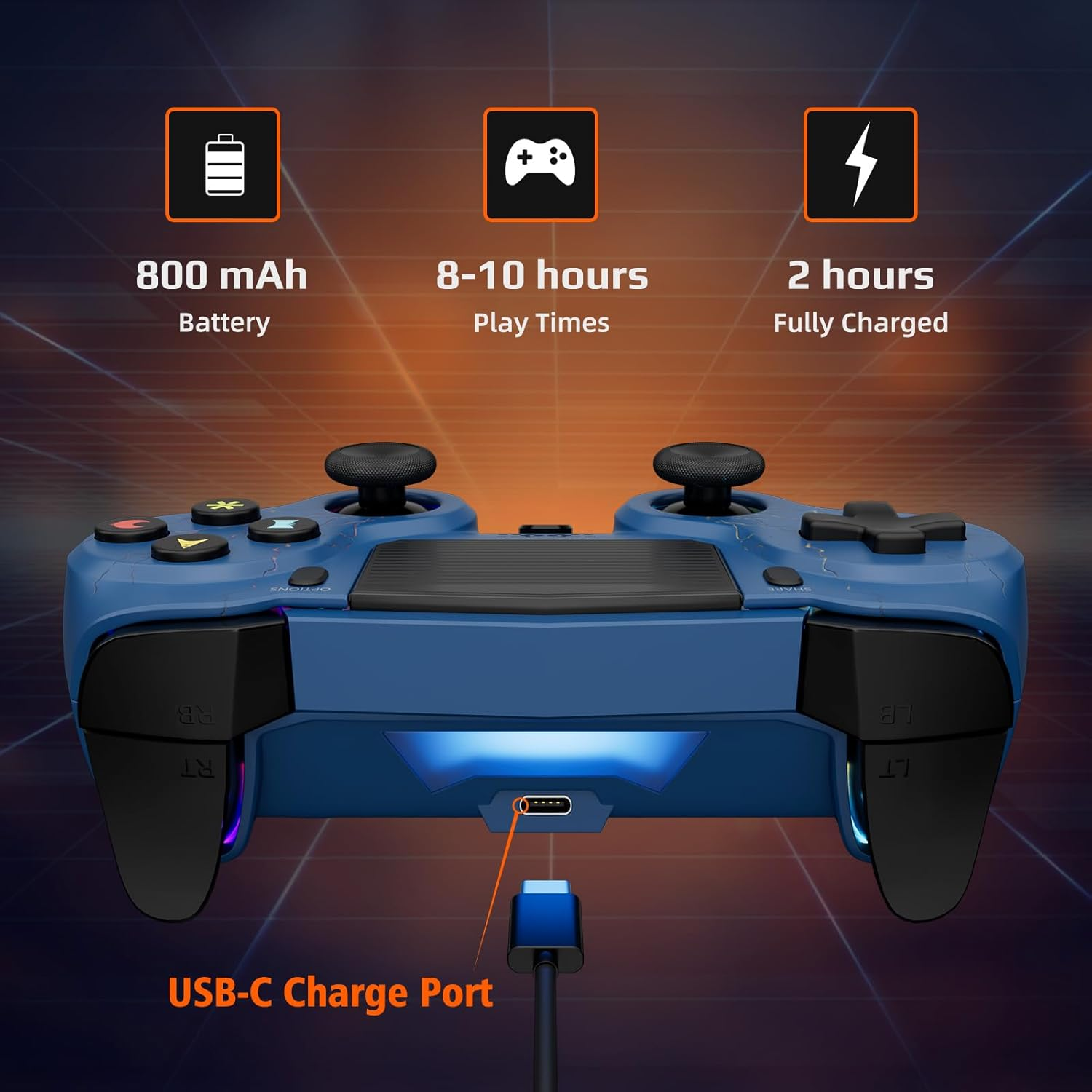Wireless Controller for PS4, LED Controller for Playstation 4 with 5 Light Modes/Usb-C Charging Port/Touchpad/Dual Motors/6-Axis Gyro/3.5Mm Audio Jack, Bats-Shape Light Design Game Control for Ps4(Blue) - Colorful image number 5
