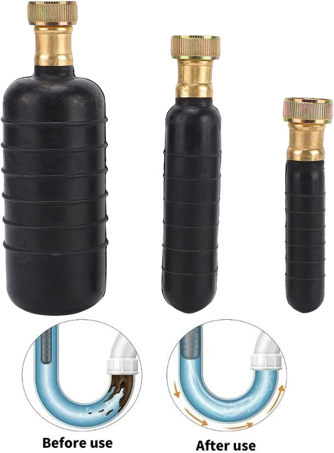 Dpofirs 3 Pcs Drain Bladder Kit, Rubber Plumbing Unclogger for 1-6 Inch Pipes, High Pressure Drain Cleaning Bladder with Stainless Steel Connector for Sink, Tub,Shower