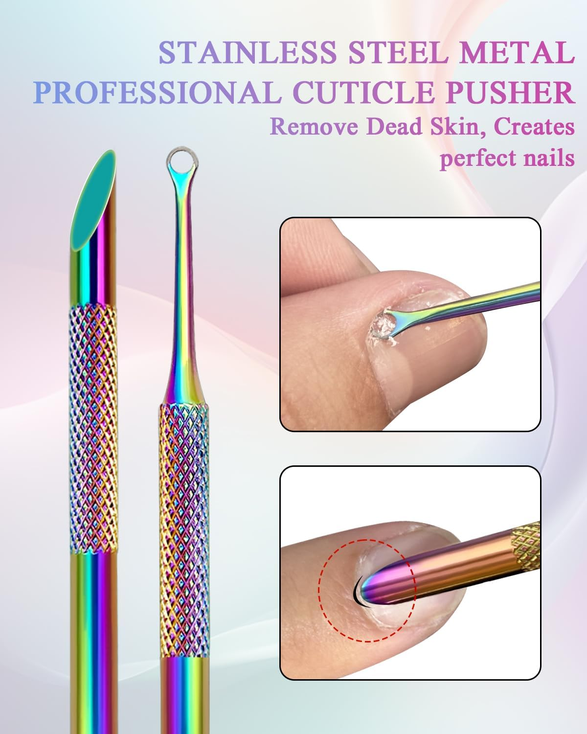 Dual Ended Cuticle Remover, Pre-Treatment Cuticle Pusher with Loop Cuticle Pusher Removing, Stainless Steel Cuticle Nail Tool with 100#/240# Grit Nail Files and 1P Storage Bags, for Salon & Home Use image number 4