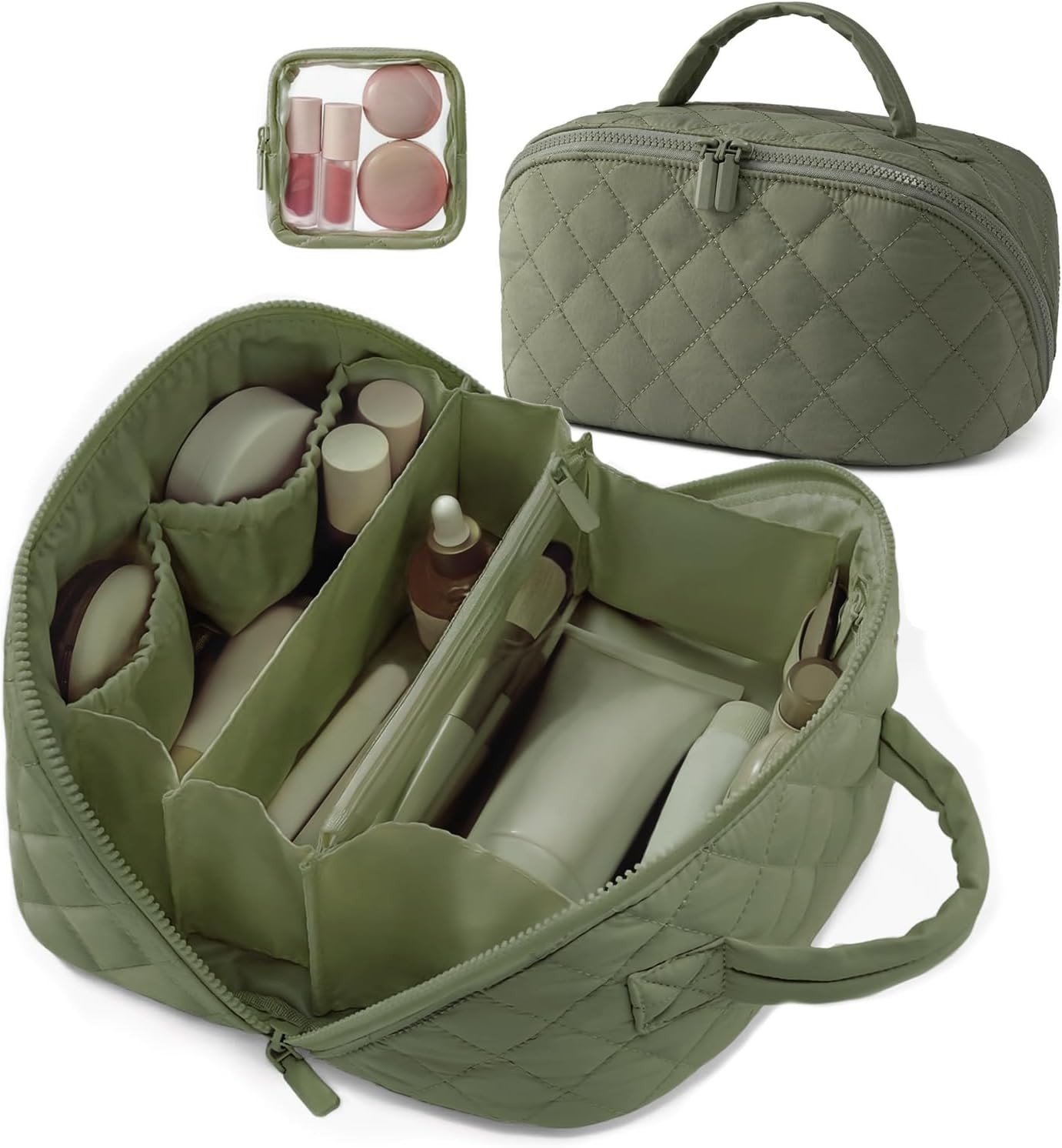 SZMDLX Waterproof Makeup Bag & Makeup Organizer - Travel Toiletry Bag, 180&deg; Lay-Flat Large Cosmetic Case, Puffy Padded Travel Organizer for Brushes & Cosmetics, Perfect Gifts for Women and Men（Pink）