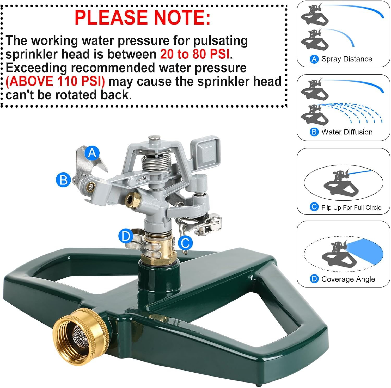 STYDDI Metal Pulsating Impact Sprinkler with Metal Base, Heavy Duty Adjustable Circular Zinc Impulse Sprinkler for Lawn, Yard and Large Area, Water Coverage up to 5,800 Sq. Ft image number 4